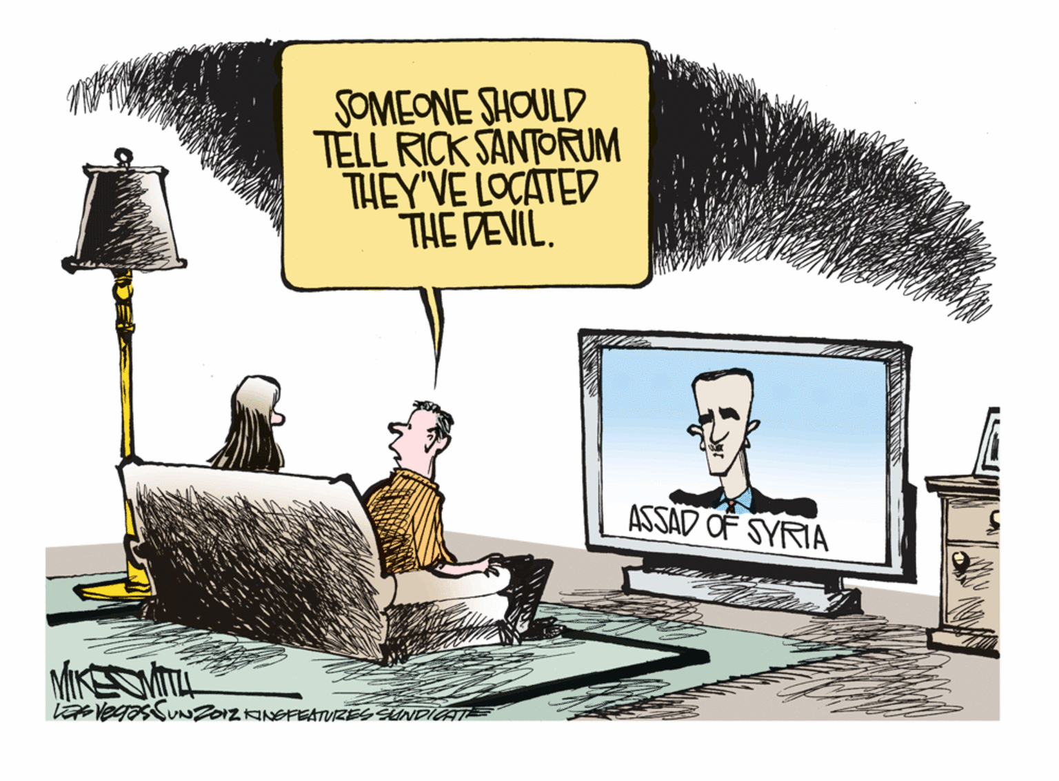 Lamp OCR: SOMEONE SHOULD TELL RICK SANTORUM THEY'VE LOCATED THE DEVIL. ASSAD OF SYRIA LVECASSUNZOIZANEFEATUZES SUNDICAT SOMEONE SHOULD TELL RICK SANTORUM THEY'VE LOCATED THE DEVIL. ASSAD OF SYRIA LVECASSUNZOIZANEFEATUZES SUNDICAT
