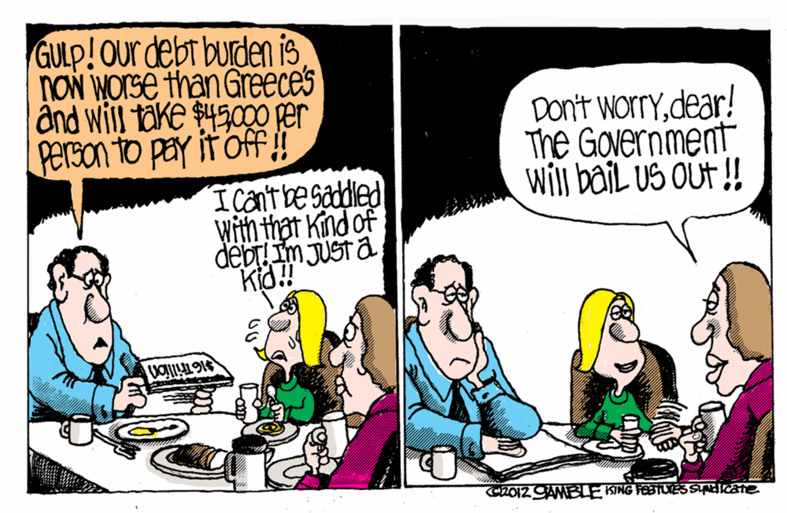 Conversation OCR: GULP! Our debt burden is nON WOrse than GreEces and will take $4500o per Don't Worrydear! The Government Will bail US OUt!! Person to pay it off Icantbesaddled With that Kind of débr Im JUST a Kid!! 16Thillion GULP! Our debt burden is nON WOrse than GreEces and will take $4500o per Don't Worrydear! The Government Will bail US OUt!! Person to pay it off Icantbesaddled With that Kind of débr Im JUST a Kid!! 16Thillion