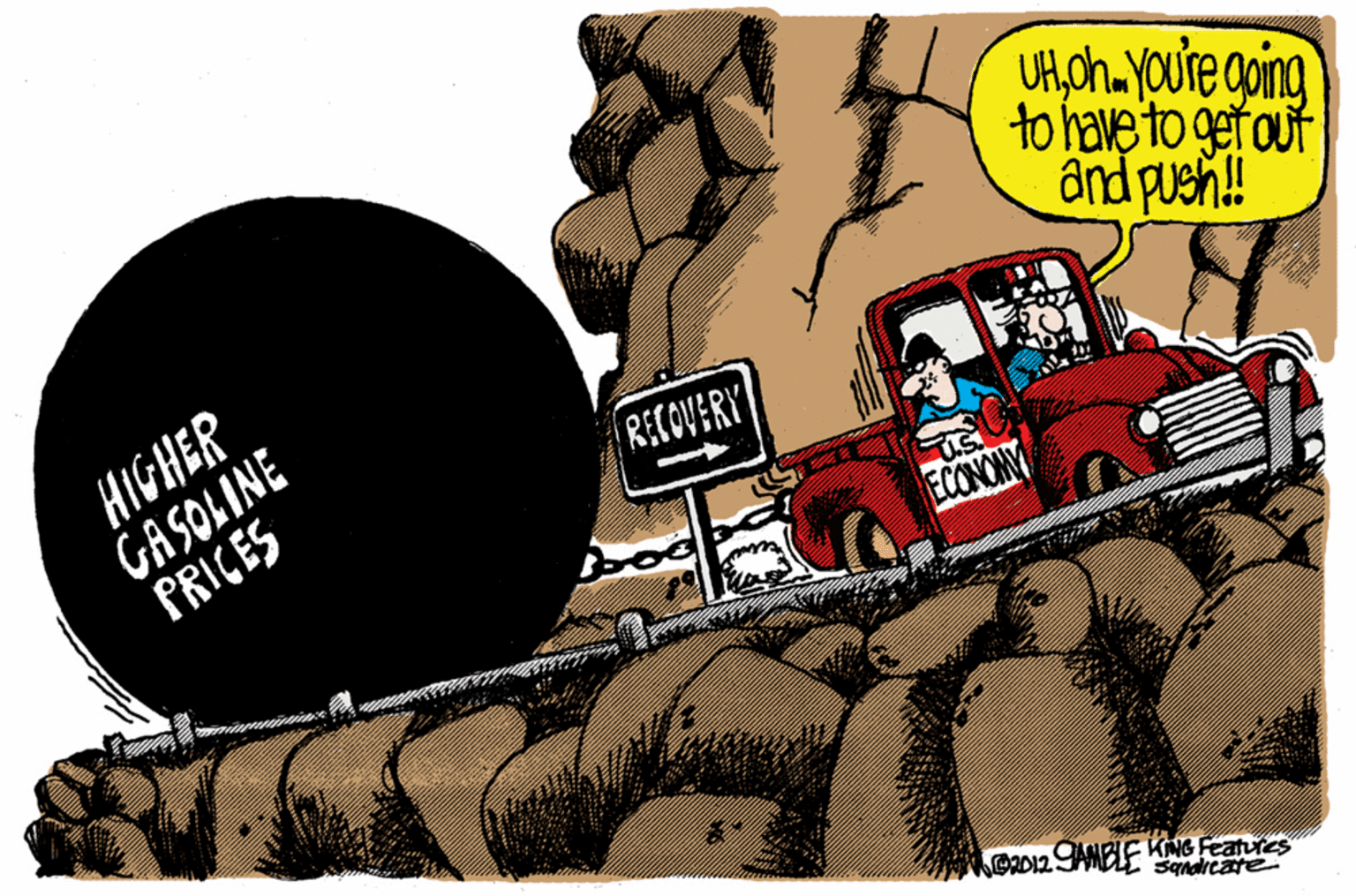 Sharing OCR: UHoh. Youre going to have to getout and pueh! HIGHER GASOLINE PRICES RECOVERY ECONONY 2AELF KNG Feanes UHoh. Youre going to have to getout and pueh! HIGHER GASOLINE PRICES RECOVERY ECONONY 2AELF KNG Feanes
