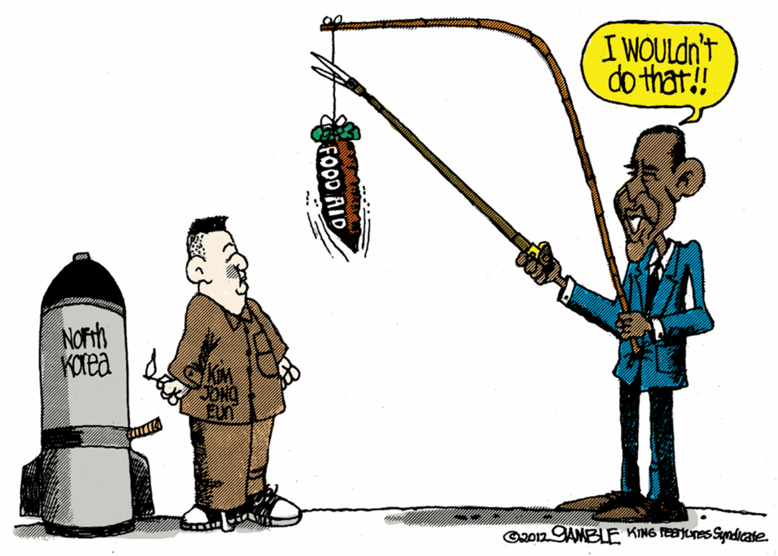 Humour OCR: I WOULDN't do that!! North KOrea G2012GAMELE KING eatres Syndicate. FOOD AID I WOULDN't do that!! North KOrea G2012GAMELE KING eatres Syndicate. FOOD AID