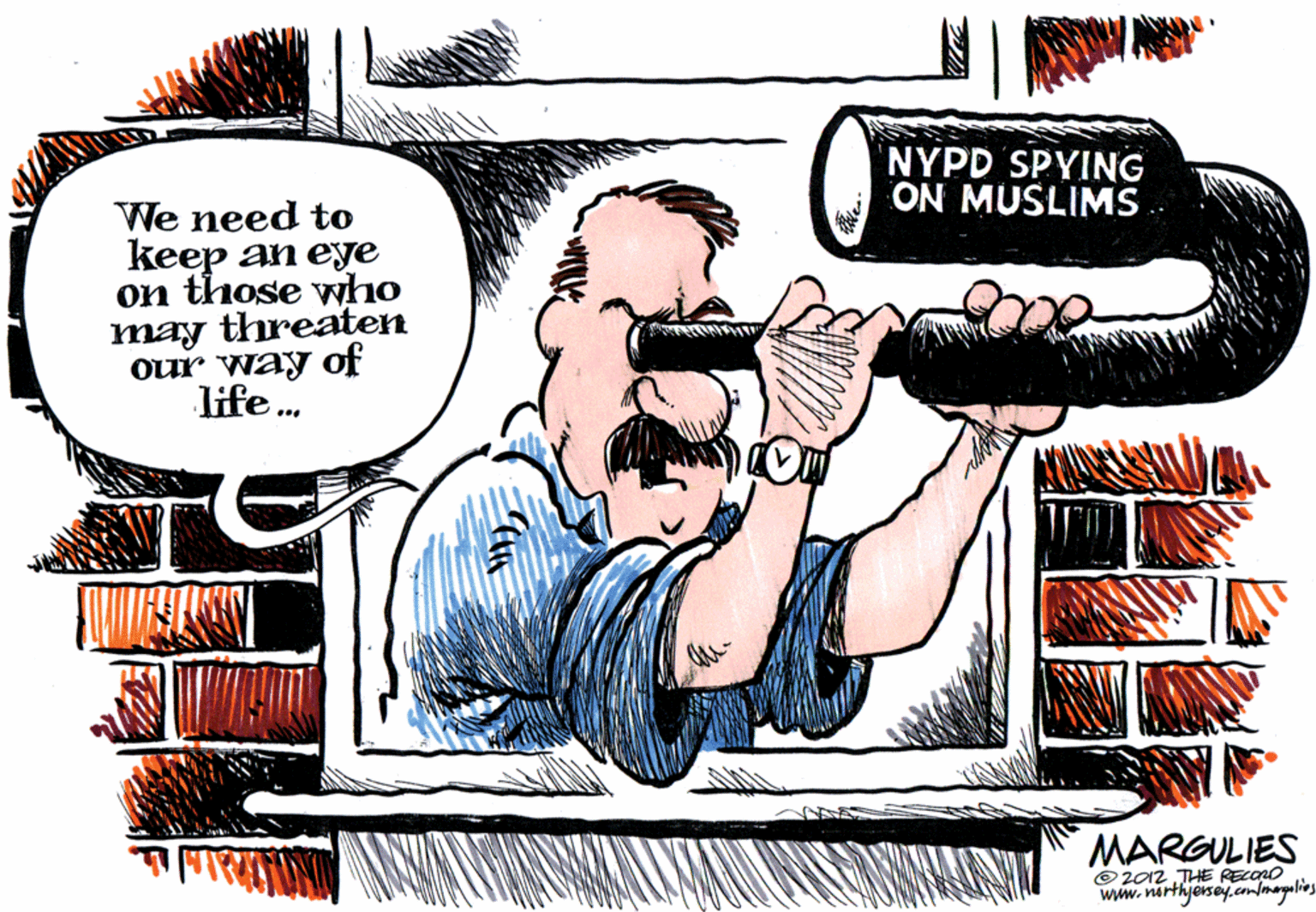 Graphics OCR: NYPD SPYING ON MUSLIMS . We need to keep an eye on those who may threaten our way of Jife . MARGULIES O 2012 THE RECOrO www.northyersey.cmfmagalies NYPD SPYING ON MUSLIMS . We need to keep an eye on those who may threaten our way of Jife . MARGULIES O 2012 THE RECOrO www.northyersey.cmfmagalies