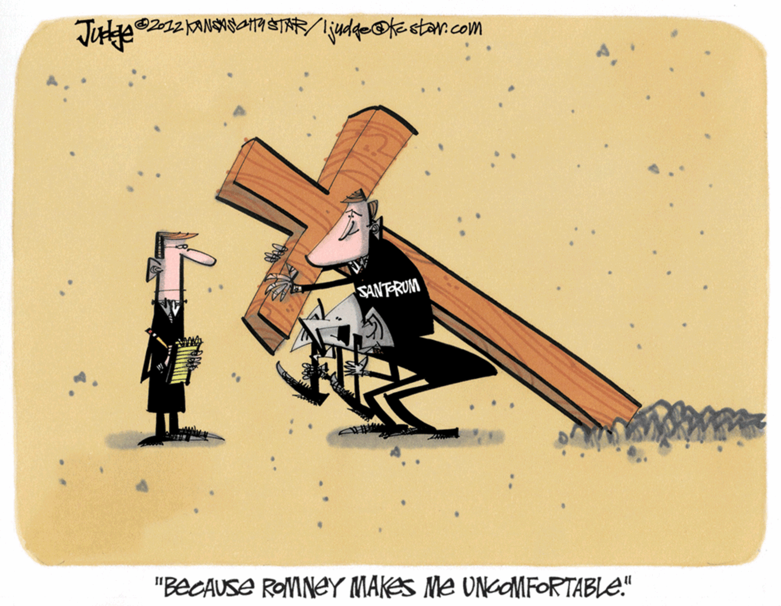 Square OCR: SANT-RUM "BECAUSE ROMNEY MAKES Me UNaOMFORTABLE." SANT-RUM "BECAUSE ROMNEY MAKES Me UNaOMFORTABLE."