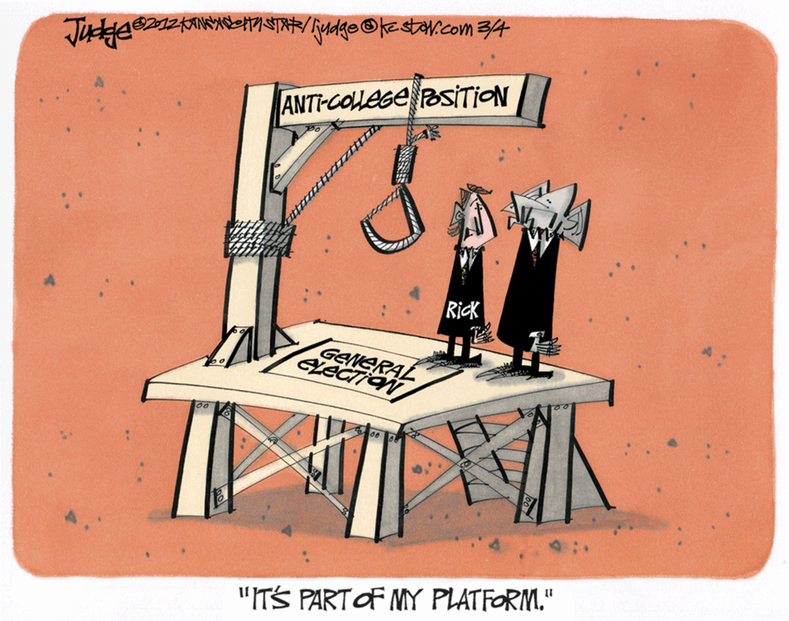 Illustration OCR: ANTHCOLLEGE SITION Rick GENERAL LECTION "ITS PARTOF MY PLATFORM." ANTHCOLLEGE SITION Rick GENERAL LECTION "ITS PARTOF MY PLATFORM."