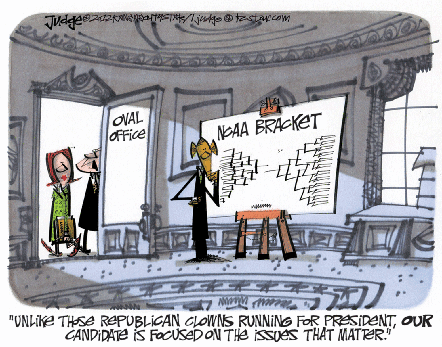 Drawing OCR: OVAL OFFice NGAA BRACKET 17 M "UNLIKE THESE REPUBLICAN CLONNS RUNNING FOR PRESIDENTOUR CANDIDATE IS FaOusED ON THe ISSJES THAT MATTER" OVAL OFFice NGAA BRACKET 17 M "UNLIKE THESE REPUBLICAN CLONNS RUNNING FOR PRESIDENTOUR CANDIDATE IS FaOusED ON THe ISSJES THAT MATTER"
