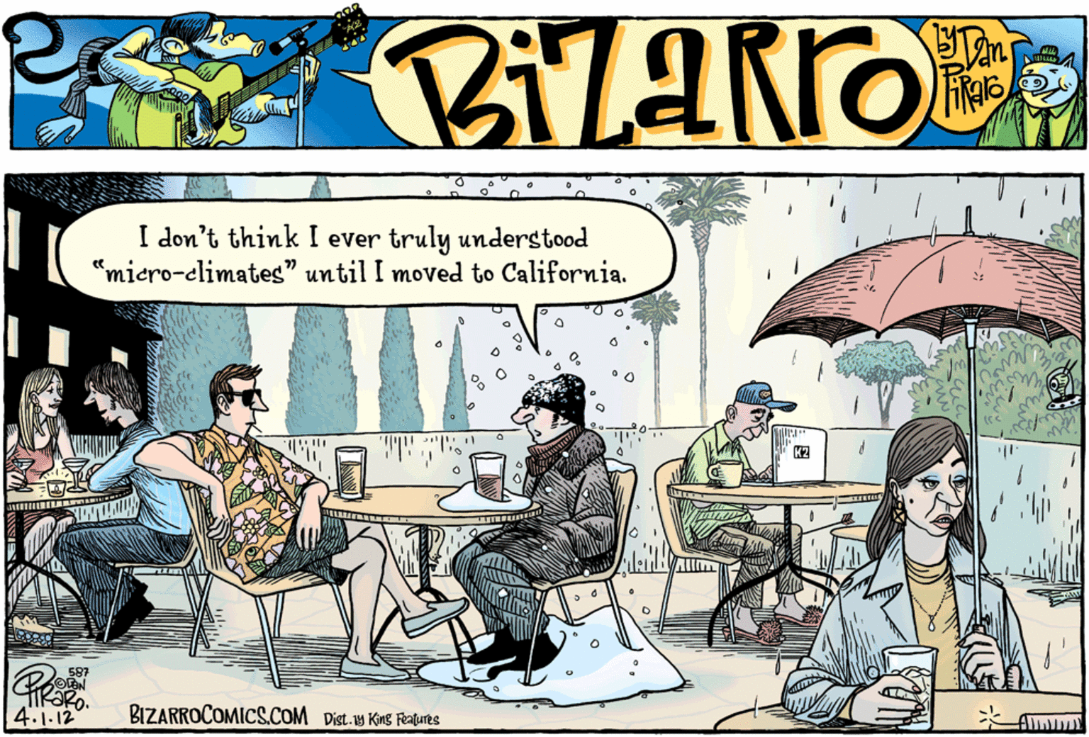 Conversation OCR: I don't think I ever truly understood "miero-elimates" until I moved to California. 4.1.12 BIZARROCOMICS.COM Dist.y King Raures I don't think I ever truly understood "miero-elimates" until I moved to California. 4.1.12 BIZARROCOMICS.COM Dist.y King Raures