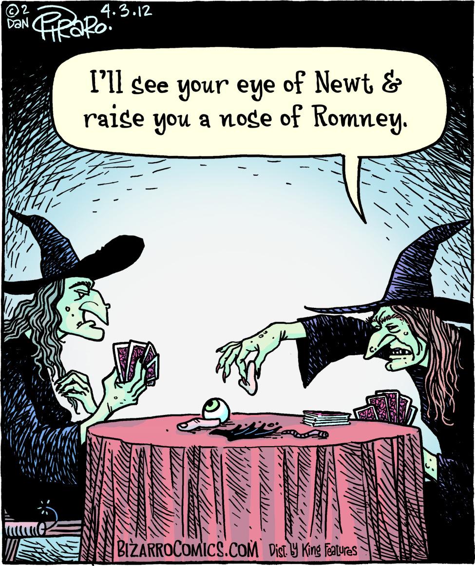 Tablecloth OCR: © 2 DAN 4.3.12 I'll see your eye of Newt & raise you a noge of Romney. BIZARROCOMICS.COM Dist Y King fatuas © 2 DAN 4.3.12 I'll see your eye of Newt & raise you a noge of Romney. BIZARROCOMICS.COM Dist Y King fatuas