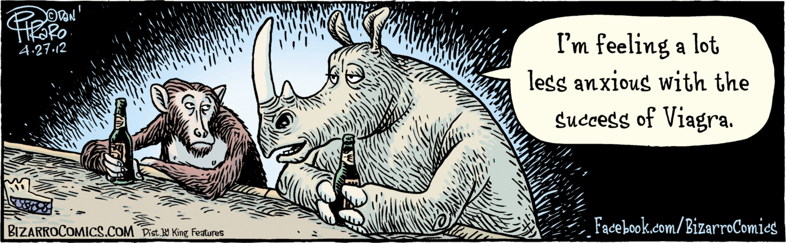 Rectangle OCR: I'm feeling a lot less anxious with the success of Viagra. 4-27•12 Dist. y King Features Facebook.com/BizarroComies BIZARROCOMICS.COM I'm feeling a lot less anxious with the success of Viagra. 4-27•12 Dist. y King Features Facebook.com/BizarroComies BIZARROCOMICS.COM