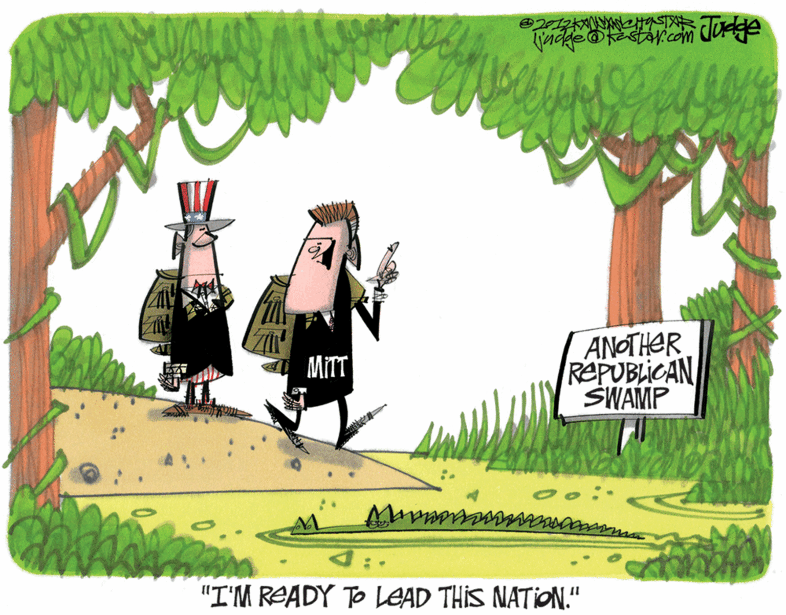 Artwork OCR: ANOTHER REPUBLICAN SWAMP MITT "I'M READY TO LEAD THIS NATION." ANOTHER REPUBLICAN SWAMP MITT "I'M READY TO LEAD THIS NATION."