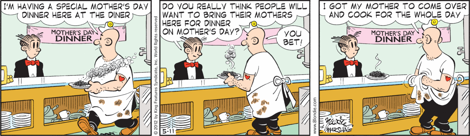 Illustration OCR: I'M HAVING A SPECIAL MOTHER'S DAY DINNER HERE AT THE DINER I GOT MY MOTHER TO COME OVER AND COOK FOR THE WHOLE DAY DO YOU REALLY THINK PEOPLE WILL WANT TO BRING THEIR MOTHERS HERE FOR DINNER ON MOTHER'S DAY? MOTHER'S DAYN DINNER YOU BET! MOTHER'S DAY DINNER MARSAL www.Blondie.com I'M HAVING A SPECIAL MOTHER'S DAY DINNER HERE AT THE DINER I GOT MY MOTHER TO COME OVER AND COOK FOR THE WHOLE DAY DO YOU REALLY THINK PEOPLE WILL WANT TO BRING THEIR MOTHERS HERE FOR DINNER ON MOTHER'S DAY? MOTHER'S DAYN DINNER YOU BET! MOTHER'S DAY DINNER MARSAL www.Blondie.com