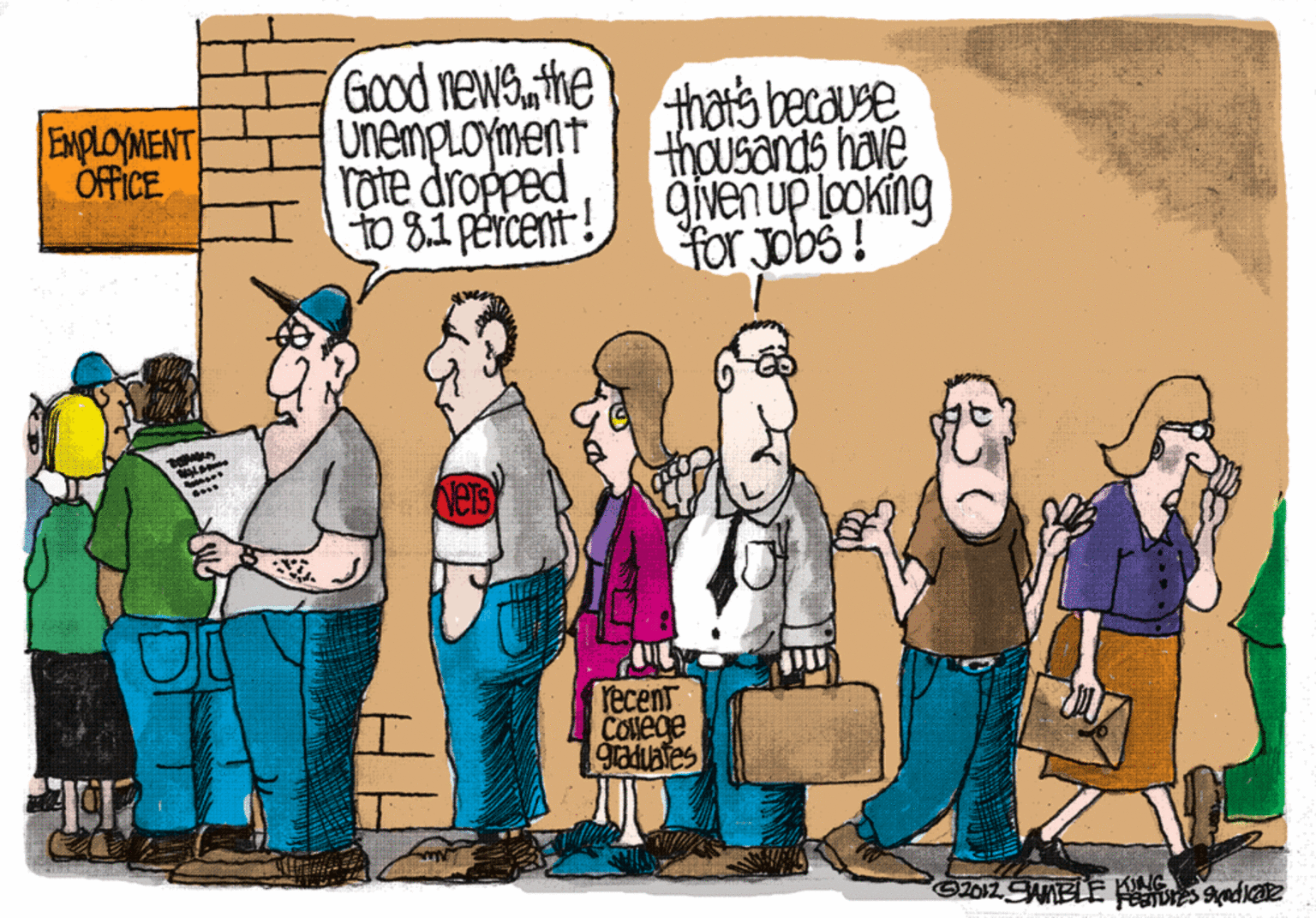 Social group OCR: Good newsthe UnempLOYment rate dropped to 8.1 Percent! thats because thousands have given up looking for Jobs ! EMPLOMENT OFFICE ecent COMege gratbles Good newsthe UnempLOYment rate dropped to 8.1 Percent! thats because thousands have given up looking for Jobs ! EMPLOMENT OFFICE ecent COMege gratbles