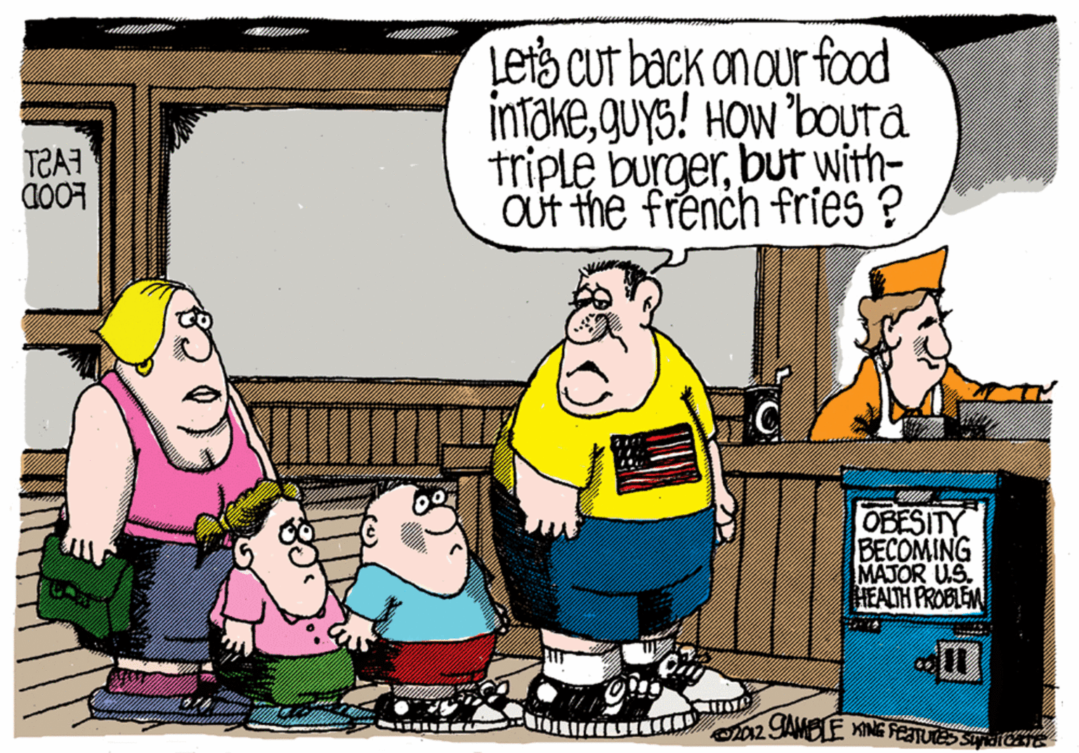 Fictional character OCR: LetS CUt back onour food infakeguys! HOW 'bOUta triple burgerbut with- Out th? french fries ? OBESITY BECOMING MAJOR US. HEALUH PROBLEM 02 SAMELE MNG FEATUES Sf LetS CUt back onour food infakeguys! HOW 'bOUta triple burgerbut with- Out th? french fries ? OBESITY BECOMING MAJOR US. HEALUH PROBLEM 02 SAMELE MNG FEATUES Sf