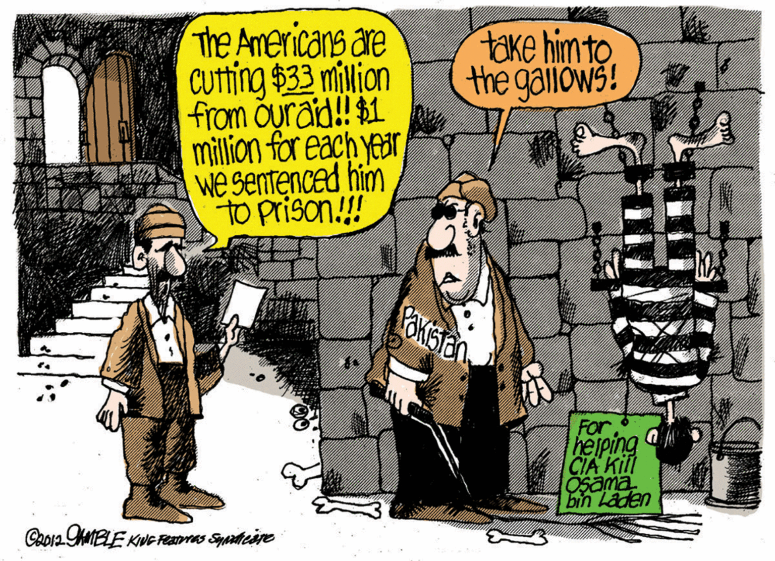 Fiction OCR: The Americans are Cutting $33 million from Ouraid! $1 million for each year we sentenced him To prison.!!! take him to the gallows! For heiping CIA Kili Osama bin Laden The Americans are Cutting $33 million from Ouraid! $1 million for each year we sentenced him To prison.!!! take him to the gallows! For heiping CIA Kili Osama bin Laden