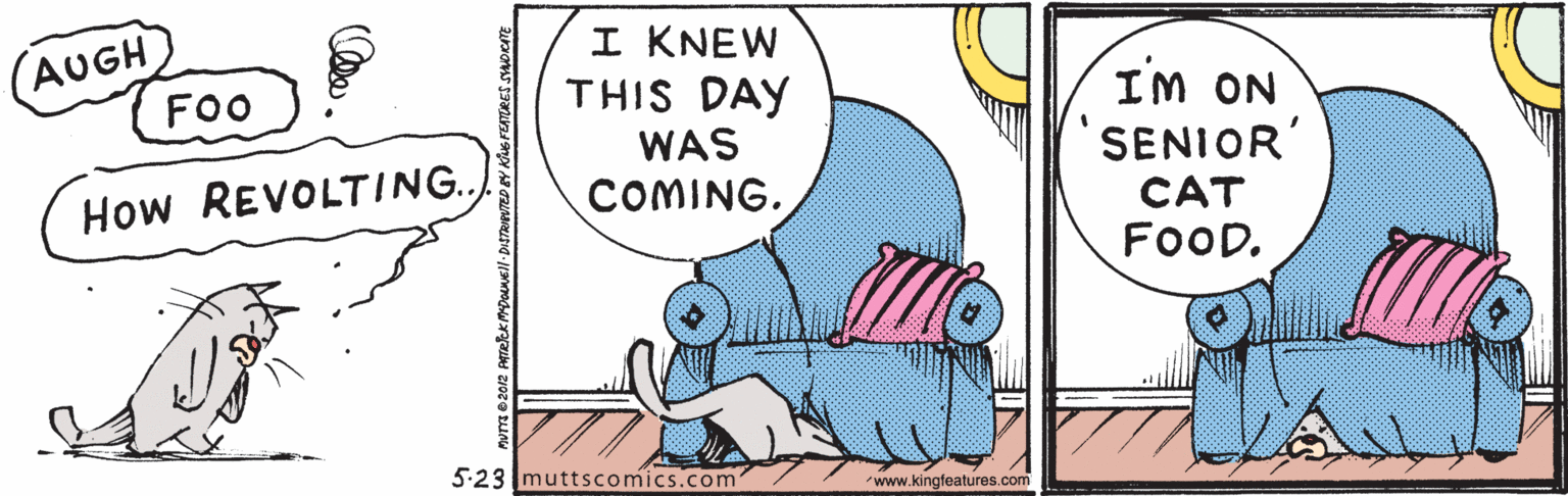 Happy OCR: (AUGH FOO I KNEW THIS DAY WAS IM ON SENIOR' How REVOLTING.. COMING. CAT FOOD. 5:23 muttscomics.com www.kingfeatures.com (AUGH FOO I KNEW THIS DAY WAS IM ON SENIOR' How REVOLTING.. COMING. CAT FOOD. 5:23 muttscomics.com www.kingfeatures.com