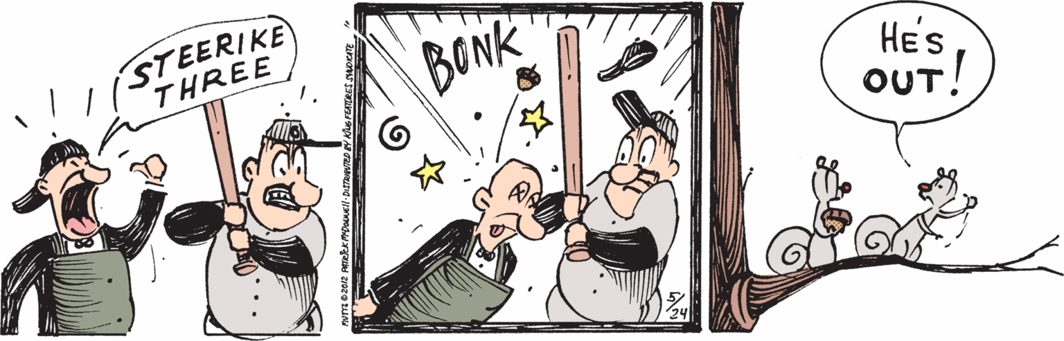 Fictional character OCR: STEERIKE THREE BONK HE'S OUT! STEERIKE THREE BONK HE'S OUT!