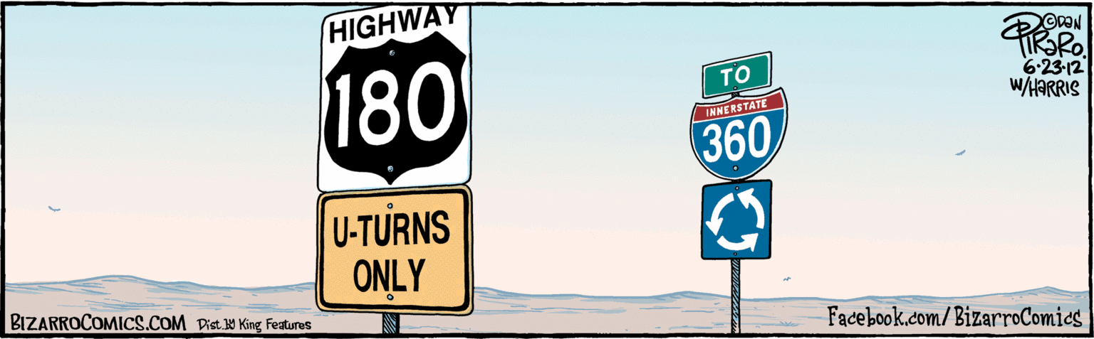 Number OCR: Facebook.com/ BizarroComies HIGHWAY 180 360 ?? INNERSTATE U-TURNS ONLY ODON Dist Y King Features BIZARROCOMICS.COM 6.23.12 WH?RRIS Facebook.com/ BizarroComies HIGHWAY 180 360 ?? INNERSTATE U-TURNS ONLY ODON Dist Y King Features BIZARROCOMICS.COM 6.23.12 WH?RRIS