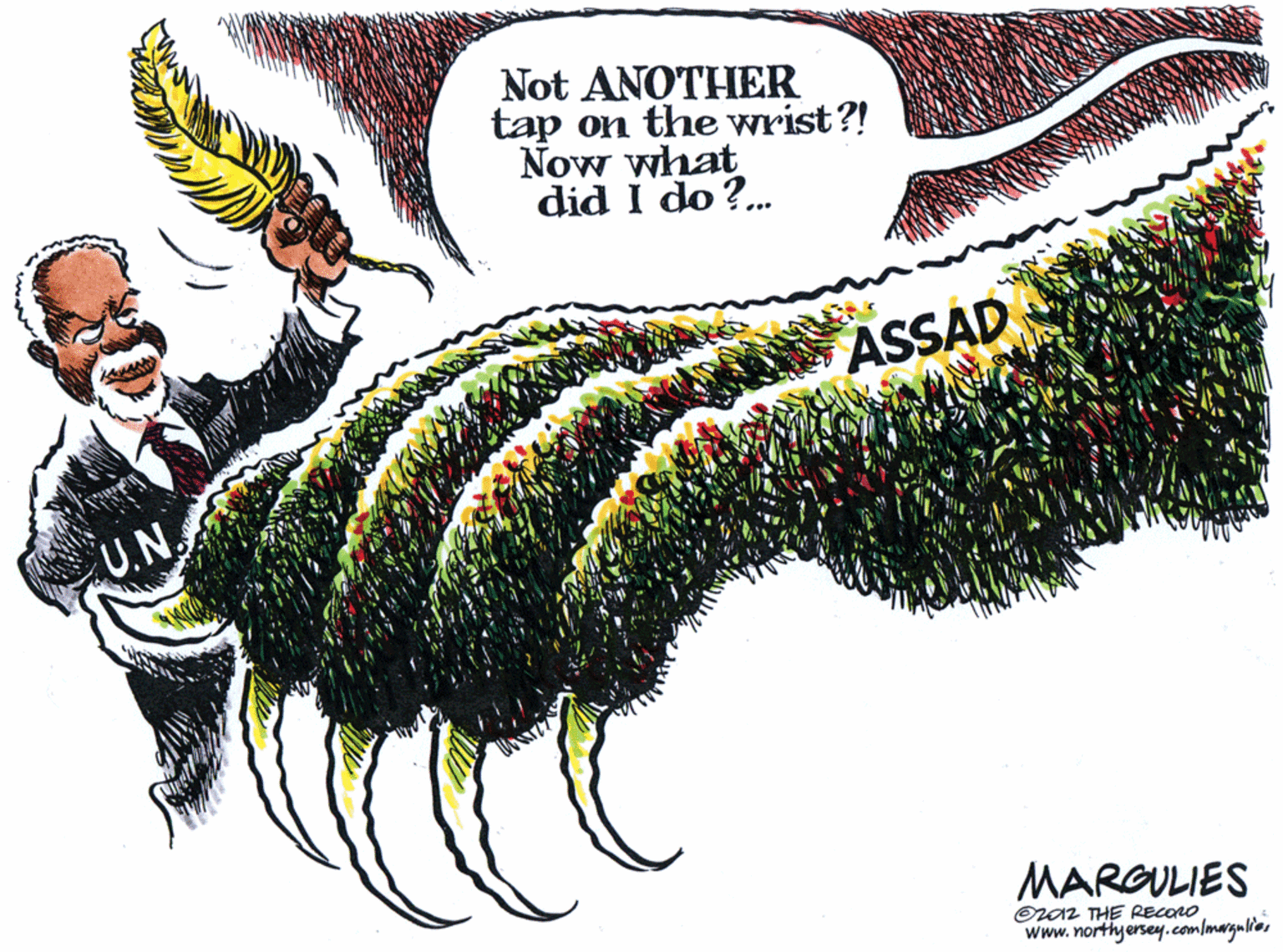 Clip art OCR: Not ANOTHER tap on the wrist?! Now what did I do ?. ASSAD U.N. MARGULIES Oraz THE RECORO www.northyersey.com/margulies Not ANOTHER tap on the wrist?! Now what did I do ?. ASSAD U.N. MARGULIES Oraz THE RECORO www.northyersey.com/margulies