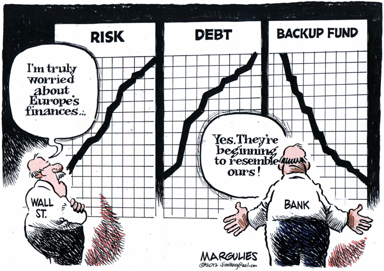 Graphics OCR: RISK DEBT BACKUP FUND I'm truly worried about Europe's finances. Yes.Theyre beginning to resembleuw ours! WALL ST. BANK MARGULIES Orar Jimtageaol.com RISK DEBT BACKUP FUND I'm truly worried about Europe's finances. Yes.Theyre beginning to resembleuw ours! WALL ST. BANK MARGULIES Orar Jimtageaol.com