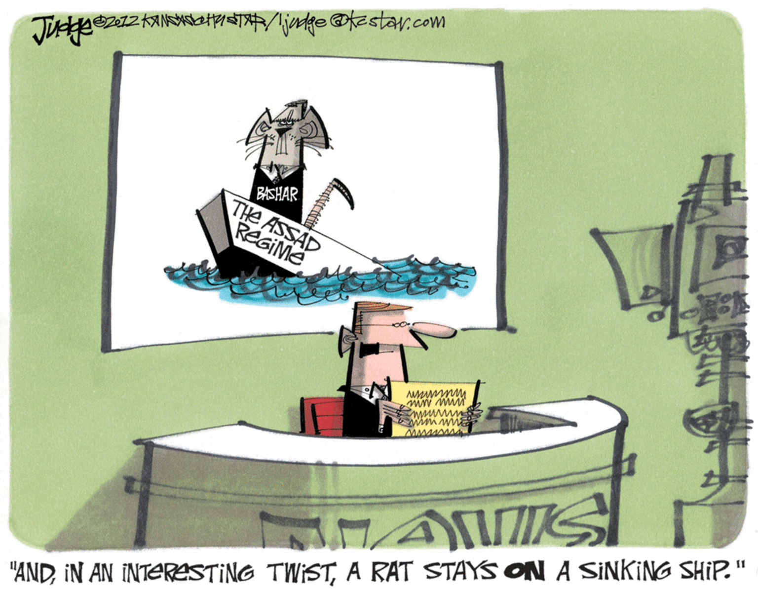 Art OCR: BASHAR THE ASSAD ReGIMe ? "ANDA RAT STAYS ON A SINKING SHIP." BASHAR THE ASSAD ReGIMe ? "ANDIN AN INTERESTING TWISTA RAT STAYS ON A SINKING SHIP."