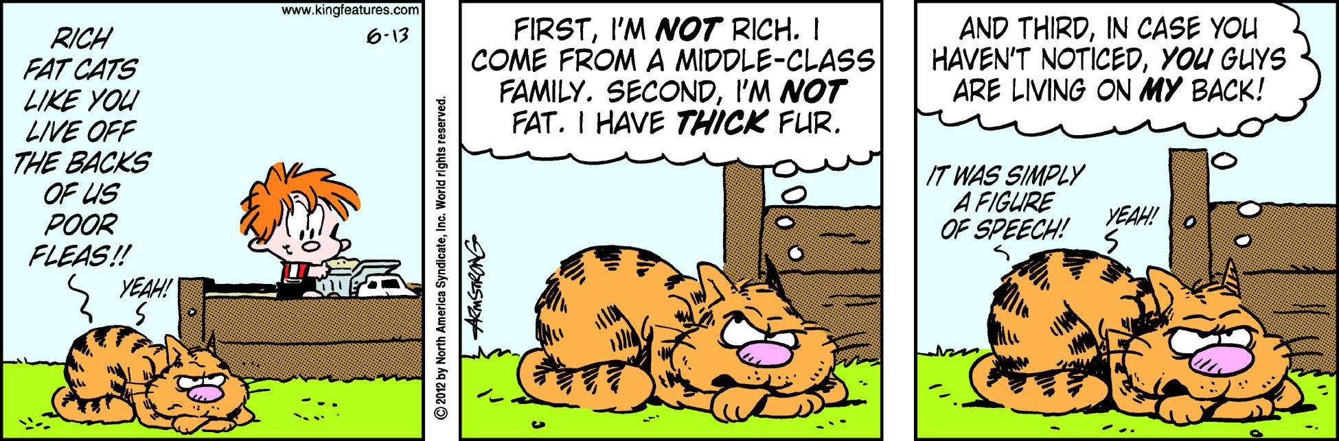 Art OCR: www.kingfeatures.com 6-13 FIRSTI'M NOT RICH. I COME FROM A MIDDLE-CLASS FAMILY. SECONDI'M NOT FAT. I HAVE THICK FUR. AND THIRDIN CASE YOU HAVEN'T NOTICEDYOU GUYS ARE LIVING ON MY BACK! RICH FAT CATS LIKE YOU LIVE OFF THE BACKS OF US POOR FLEAS! IT WAS SIMPLY A FIGURE OF SPEECH! YEAH! 2 YEAH! © 2012 by North America SyndicateInc. World rights reserved. www.kingfeatures.com 6-13 FIRSTI'M NOT RICH. I COME FROM A MIDDLE-CLASS FAMILY. SECONDI'M NOT FAT. I HAVE THICK FUR. AND THIRDIN CASE YOU HAVEN'T NOTICEDYOU GUYS ARE LIVING ON MY BACK! RICH FAT CATS LIKE YOU LIVE OFF THE BACKS OF US POOR FLEAS! IT WAS SIMPLY A FIGURE OF SPEECH! YEAH! 2 YEAH! © 2012 by North America SyndicateInc. World rights reserved.