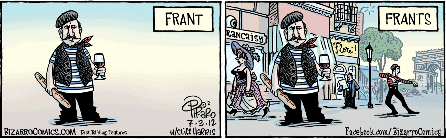 Animated cartoon OCR: FRANT Dist. Y King Features FRANTS RANCaisy 7.3.12 BIZARROCOMICS.COM Facebook.com/BizarroComies w/cLifC HARRIS FRANT Dist. Y King Features FRANTS RANCaisy 7.3.12 BIZARROCOMICS.COM Facebook.com/BizarroComies w/cLifC HARRIS