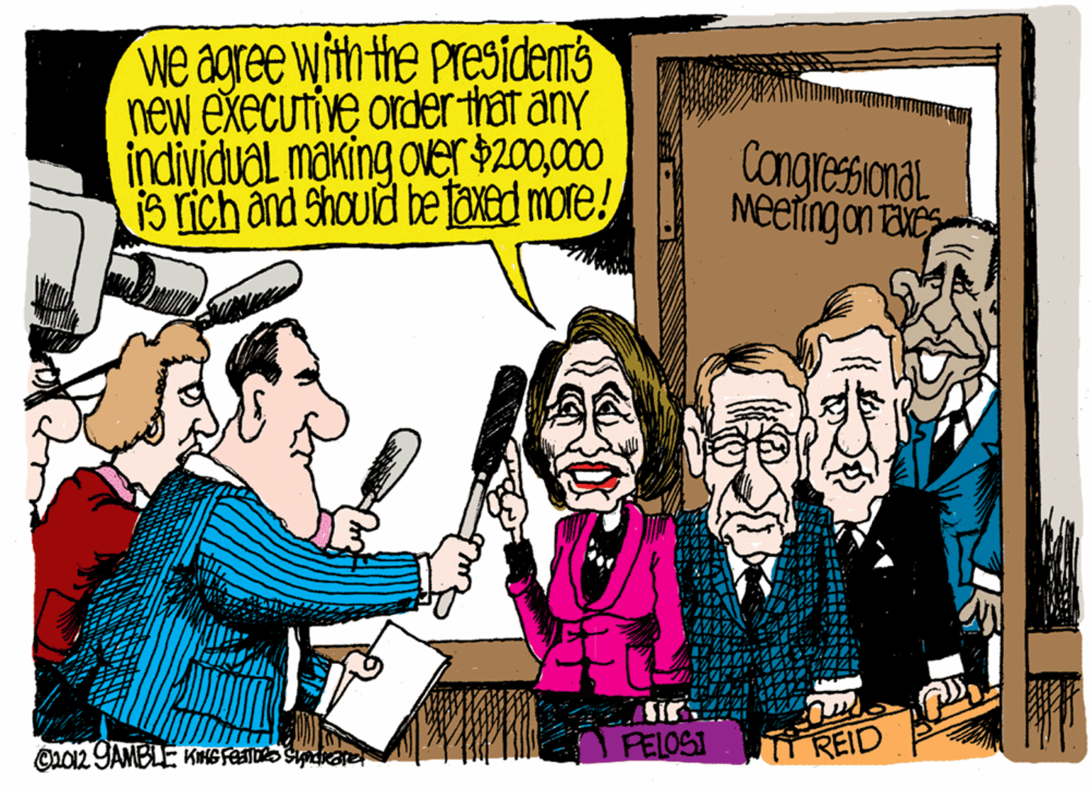 Rectangle OCR: We agree with the presidenms new execuTive order that any individual making oer $20000 is rich and Should be txed more! Congressional NEeTingan taes PELOSI REID C2012 YAMBLE KING FESTORS Spare We agree with the presidenms new execuTive order that any individual making oer $20000 is rich and Should be txed more! Congressional NEeTingan taes PELOSI REID C2012 YAMBLE KING FESTORS Spare
