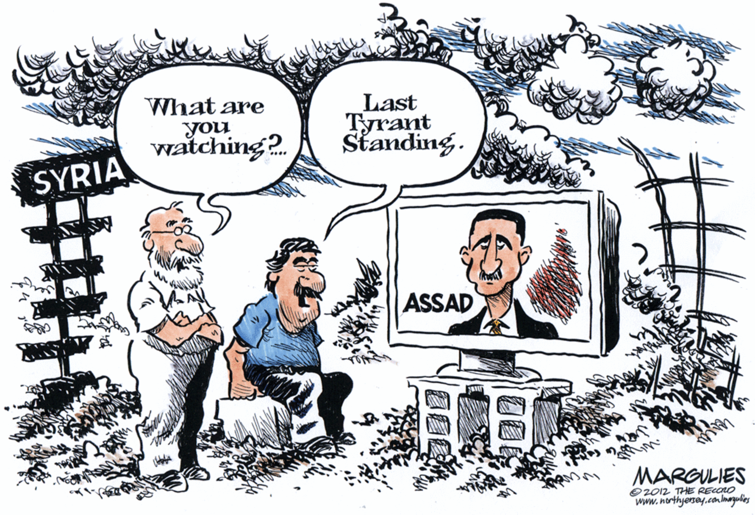 Line art OCR: What are you watching?. Last Tyrant Standing. SYRIA ASSAD MARGULIES O 2012 THHE RECOnO www.northyersey.com Imargulies What are you watching?. Last Tyrant Standing. SYRIA ASSAD MARGULIES O 2012 THHE RECOnO www.northyersey.com Imargulies