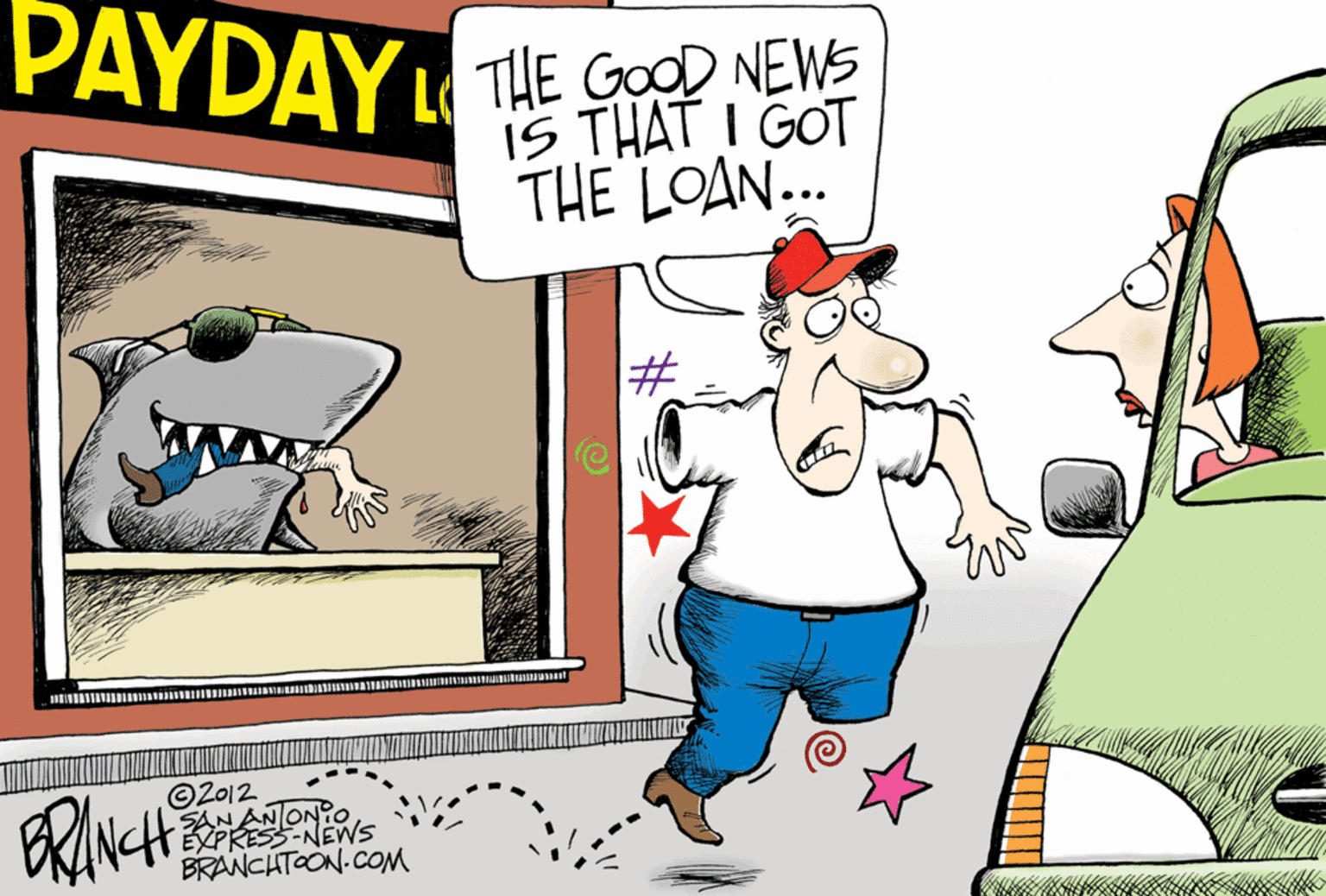 Clip art OCR: PAYDAY THE GooD NEWS L IS THAT I GOT THE LOAN... # ©2012 SMEN BRANCHTOON.cOM PAYDAY THE GooD NEWS L IS THAT I GOT THE LOAN... # ©2012 SMEN BRANCHTOON.cOM
