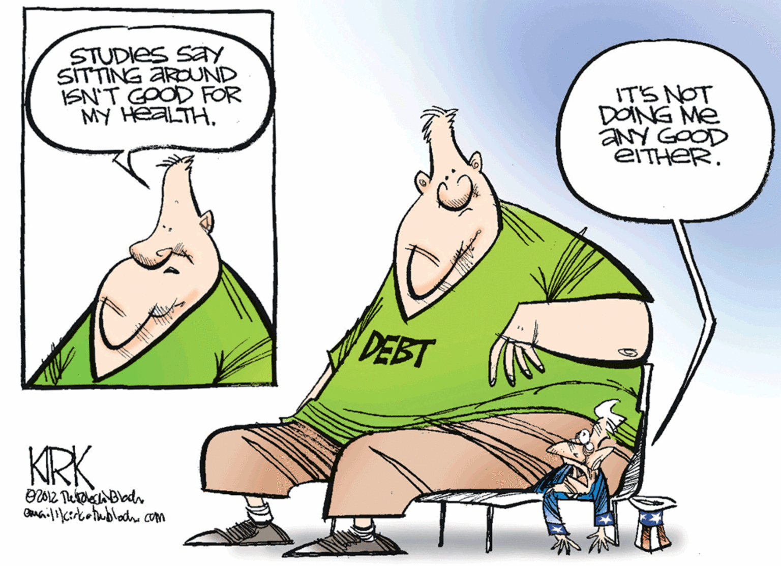 Cartoon OCR: STUDIES Say SITTING ARDUND ISN'T GOOD FOR MY HEALTH. ITS NOT DOING Me aNY GOOD EITHER. DEST KRK STUDIES Say SITTING ARDUND ISN'T GOOD FOR MY HEALTH. ITS NOT DOING Me aNY GOOD EITHER. DEST KRK