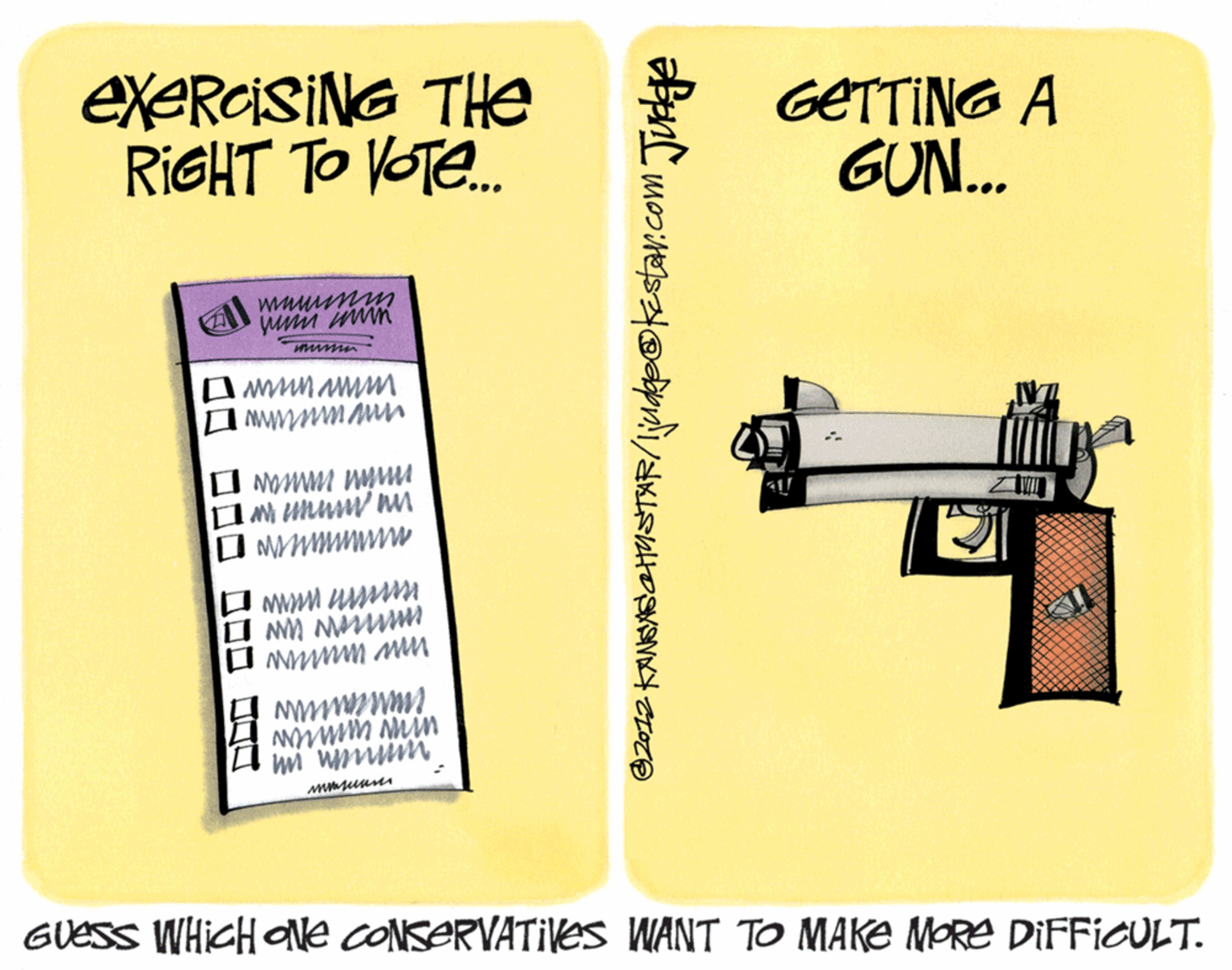Paper OCR: EXERCISING THe RIGHT TO VOT. GETTING A GUN. ww GUESS WHICH ve CONSERVATIVES WANT TO MAKE MORE DIFFICULT. EXERCISING THe RIGHT TO VOT. GETTING A GUN. ww GUESS WHICH ve CONSERVATIVES WANT TO MAKE MORE DIFFICULT.