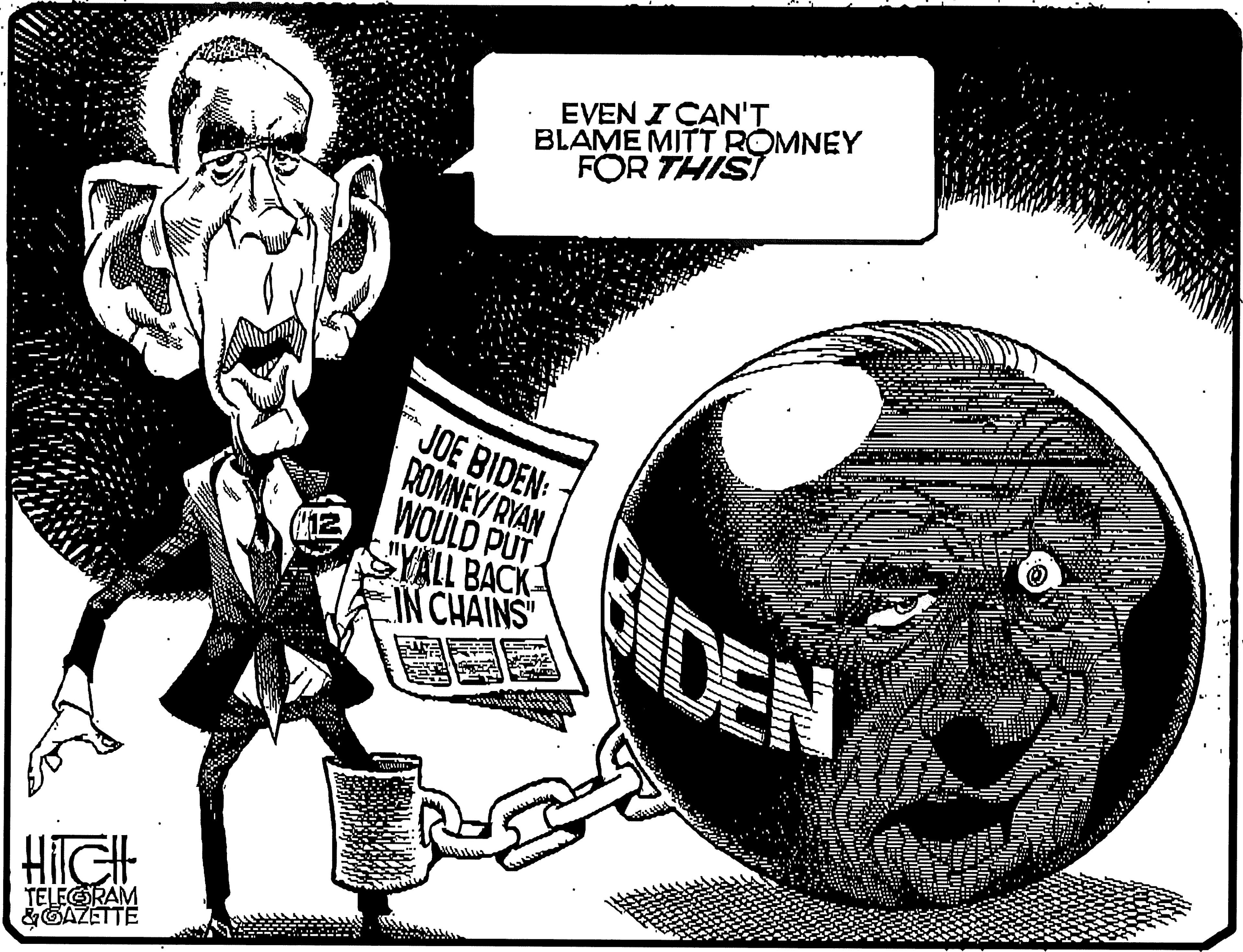 Illustration OCR: EVEN I CAN'T BLAME MITT ROMNEY FOR THISI JOE BIDEN: ROMNEY/RYAN WOULD PUT SYALL BACK IN CHAINS" HDEN HiIGH TELEORAM &GAZETTE EVEN I CAN'T BLAME MITT ROMNEY FOR THISI JOE BIDEN: ROMNEY/RYAN WOULD PUT SYALL BACK IN CHAINS" HDEN HiIGH TELEORAM &GAZETTE