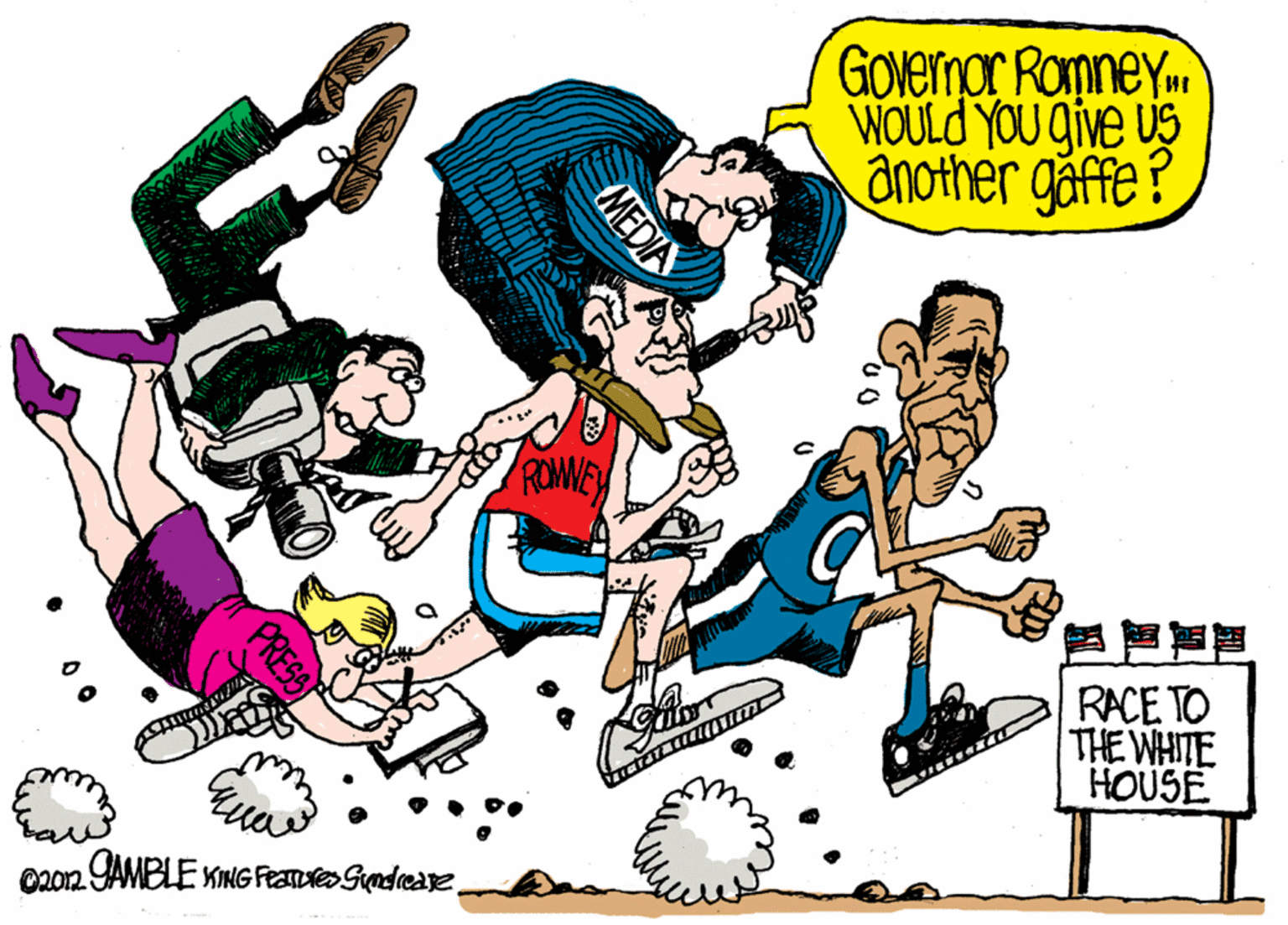 Font OCR: GOvernar Romney WOULD YOU give us another gåffe? ROMNE RACE TO THE WHITE HOUSE 02on AMELE KING Fea Sndreare MEDIA PRESS GOvernar Romney WOULD YOU give us another gåffe? ROMNE RACE TO THE WHITE HOUSE 02on AMELE KING Fea Sndreare MEDIA PRESS