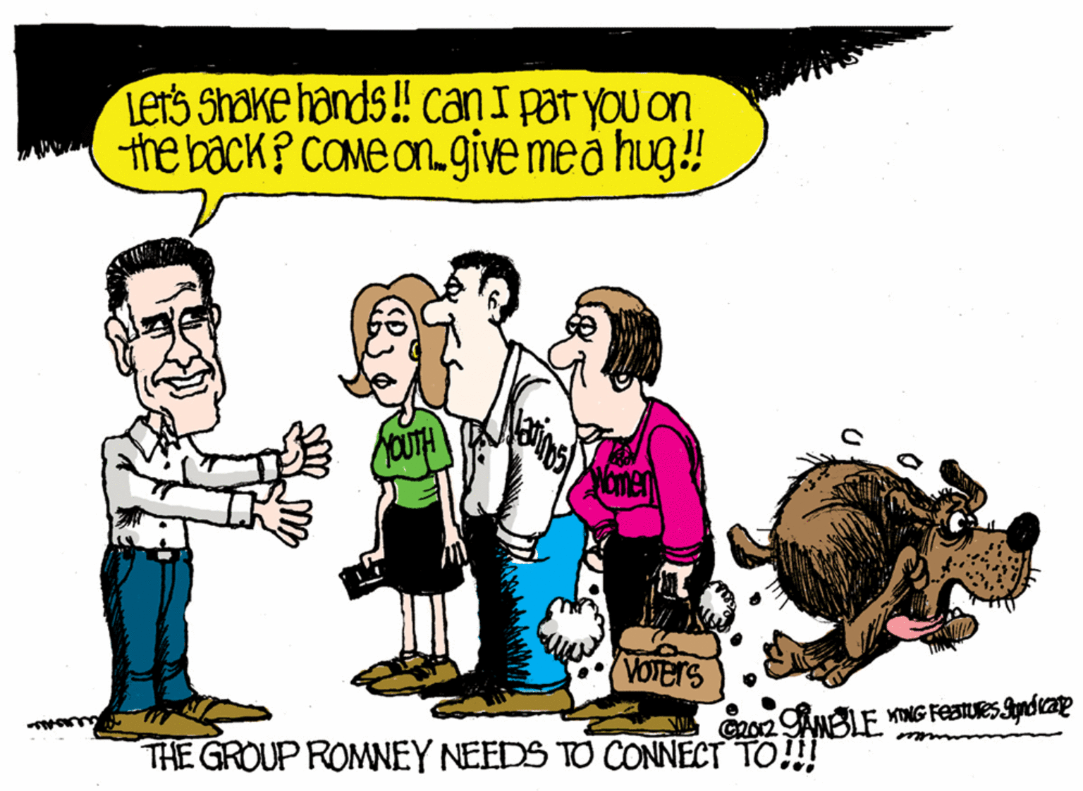 Social group OCR: LetS Shake hands ! canI pat you on the back? COME on give meå hug! YOUTH Nomer VOTERS THE GROUP ROMNEY NEEDS TO CONNECT TO!! ANBLE KNG FeatURS Spadce LetS Shake hands ! canI pat you on the back? COME on give meå hug! YOUTH Nomer VOTERS THE GROUP ROMNEY NEEDS TO CONNECT TO!! ANBLE KNG FeatURS Spadce
