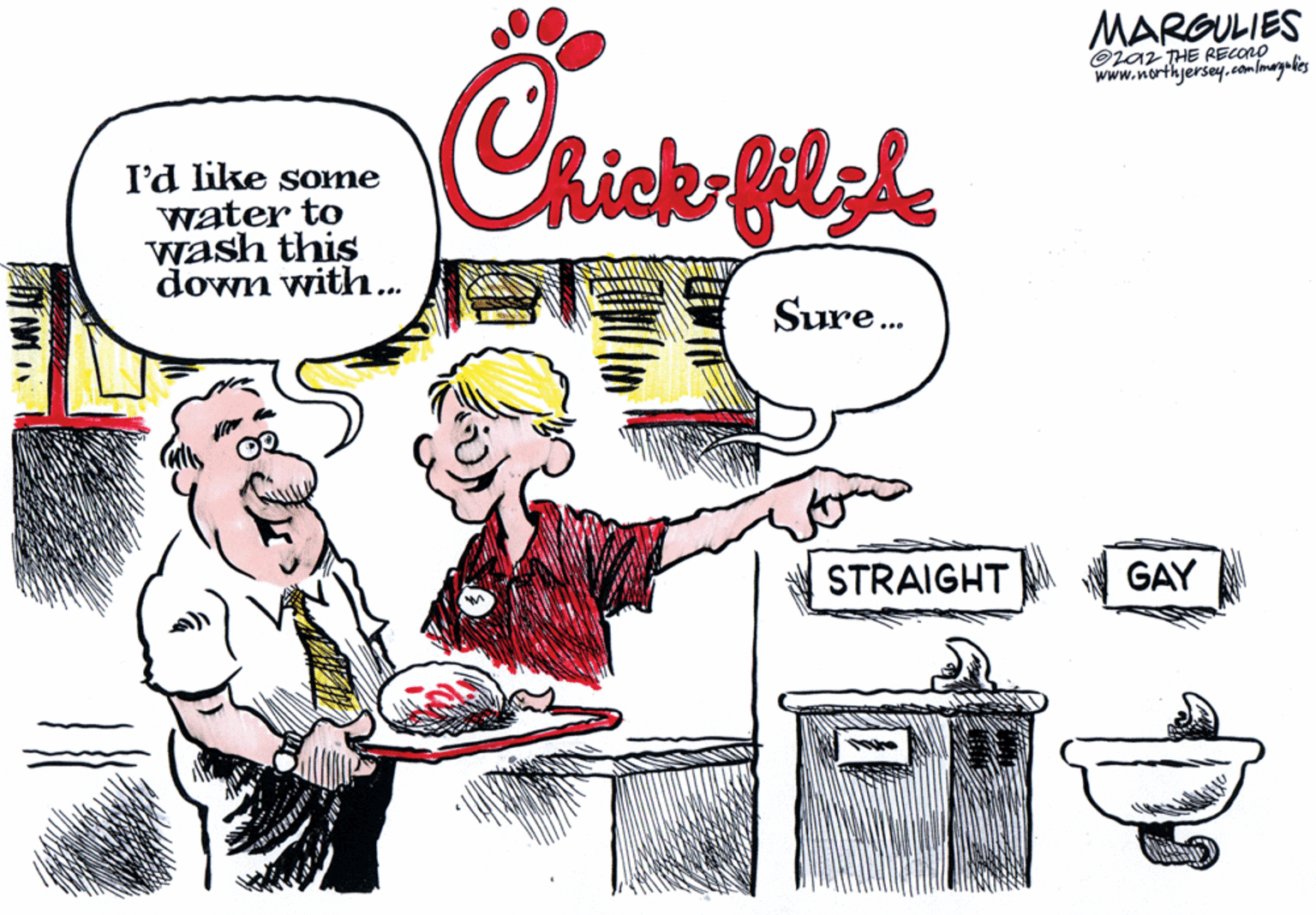 Drawing OCR: MARGULIES Ozaz THE RECONO www.northjersey.comlmegalies Chick-filsh I'd like some wash this down with.. Sure. STRAIGHT GAY MARGULIES Ozaz THE RECONO www.northjersey.comlmegalies Chick-filsh I'd like some wash this down with.. Sure. STRAIGHT GAY