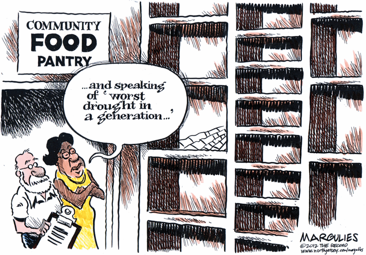 Illustration OCR: COMMUNITY FOOD PANTRY .and speaking of 'worst drought in a geheration.' MARGULIES O2012 THE RECORD www.northjersey.com/morgubies COMMUNITY FOOD PANTRY .and speaking of 'worst drought in a geheration.' MARGULIES O2012 THE RECORD www.northjersey.com/morgubies