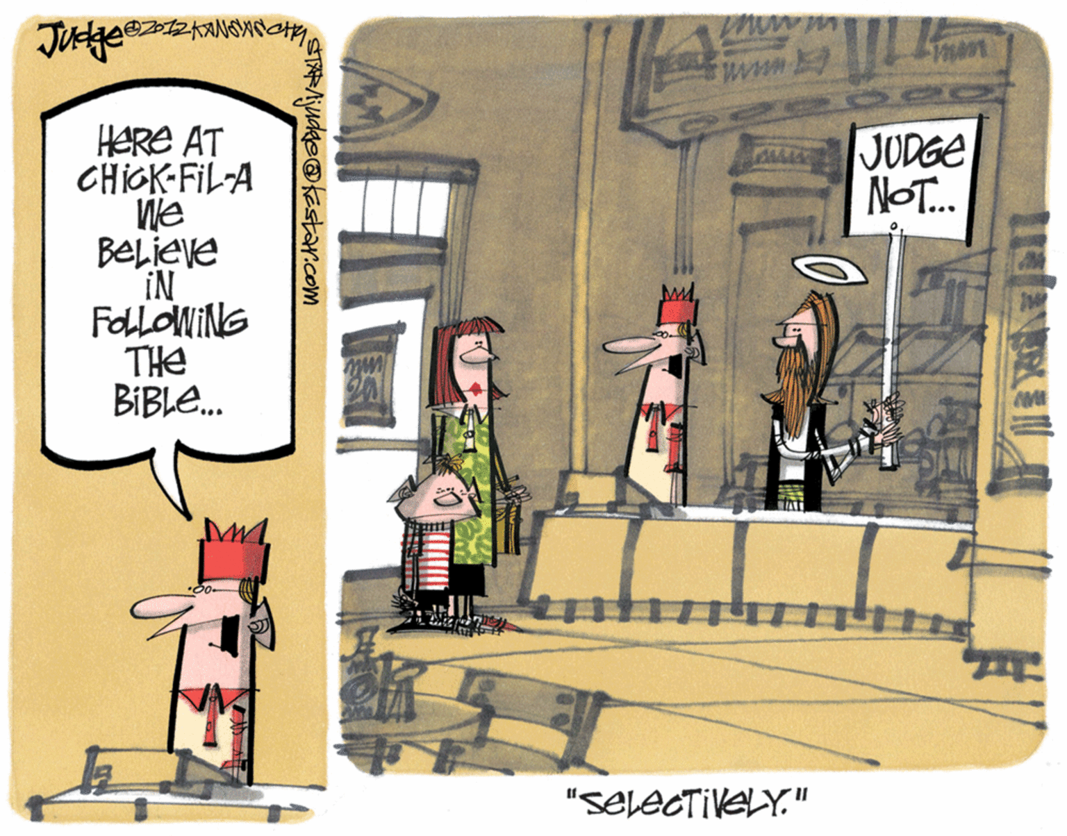 Humour OCR: wwm www. HERE AT CHIGK-FIL-A We BELIeve iN FOlLOWING THE BIBLE. JUDGE NO.. ?? "SELECTIVELY." STAAjudke@kestar.com wwm www. HERE AT CHIGK-FIL-A We BELIeve iN FOlLOWING THE BIBLE. JUDGE NO.. ?? "SELECTIVELY." STAAjudke@kestar.com