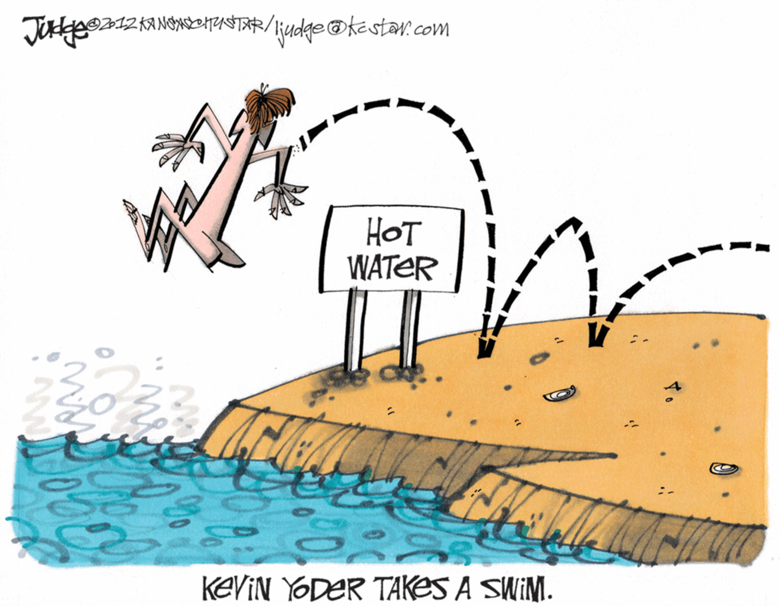 Illustration OCR: 9?12?NN3STA/judge @ @kestav.com HOT WATER KEVIN YODER TAKES A SWIMI. 9 ? 12 ? NN3STA / judge @ @kestav.com HOT WATER KEVIN YODER TAKES A SWIMI.