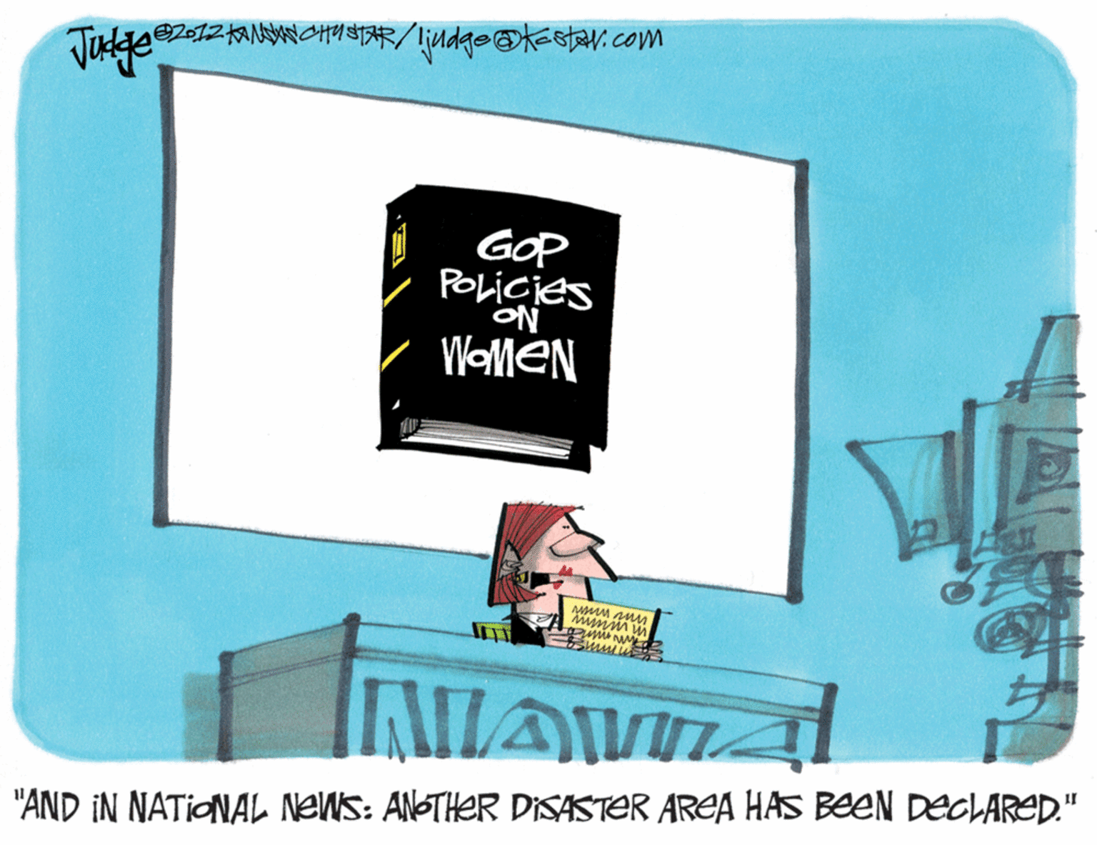 Room OCR: Virge GOP POLICIES WMEN "AND IN NATIONAL NEWS: ANSTHER DISASTER AREA HAS BeeN DECLARED." Virge GOP POLICIES WMEN "AND IN NATIONAL NEWS: ANSTHER DISASTER AREA HAS BeeN DECLARED."