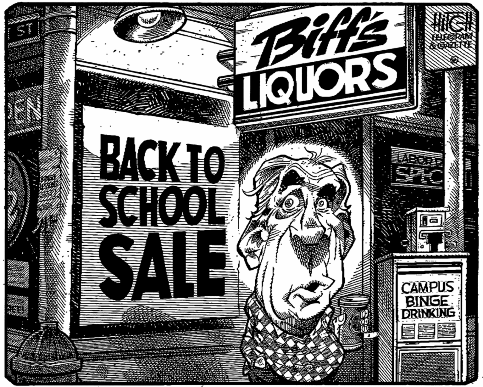 Printmaking OCR: Biffs LIQUORS PEN BACK TO SCHOOL SPIC SALE CAMPUS BINGE DRINKING Biffs LIQUORS PEN BACK TO SCHOOL SPIC SALE CAMPUS BINGE DRINKING