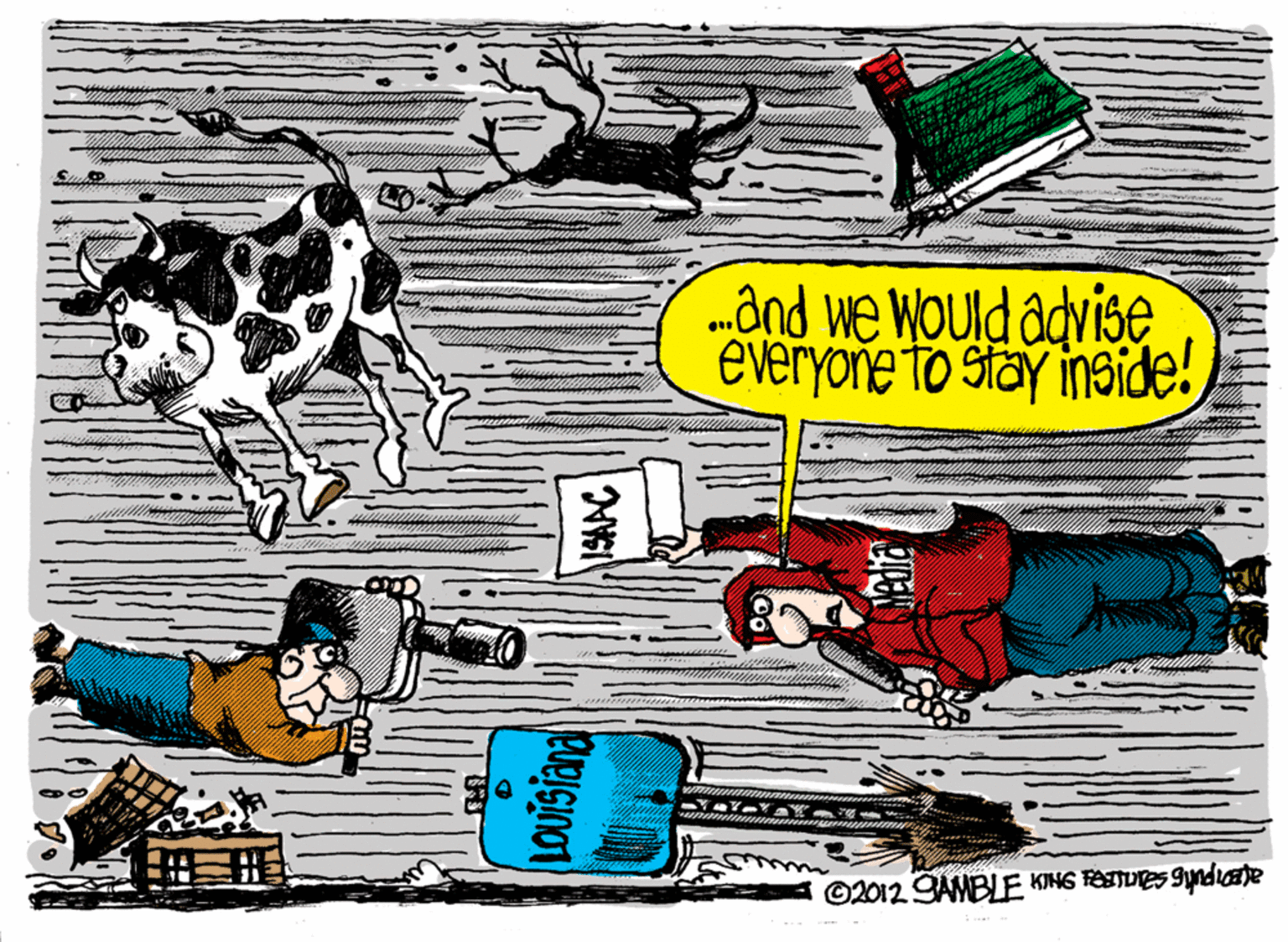 Illustration OCR: „and we WOuld advise everyone to stay inside! ©2012 SAMBLE KING FATUES 9yndicate „and we WOuld advise everyone to stay inside! ©2012 SAMBLE KING FATUES 9yndicate