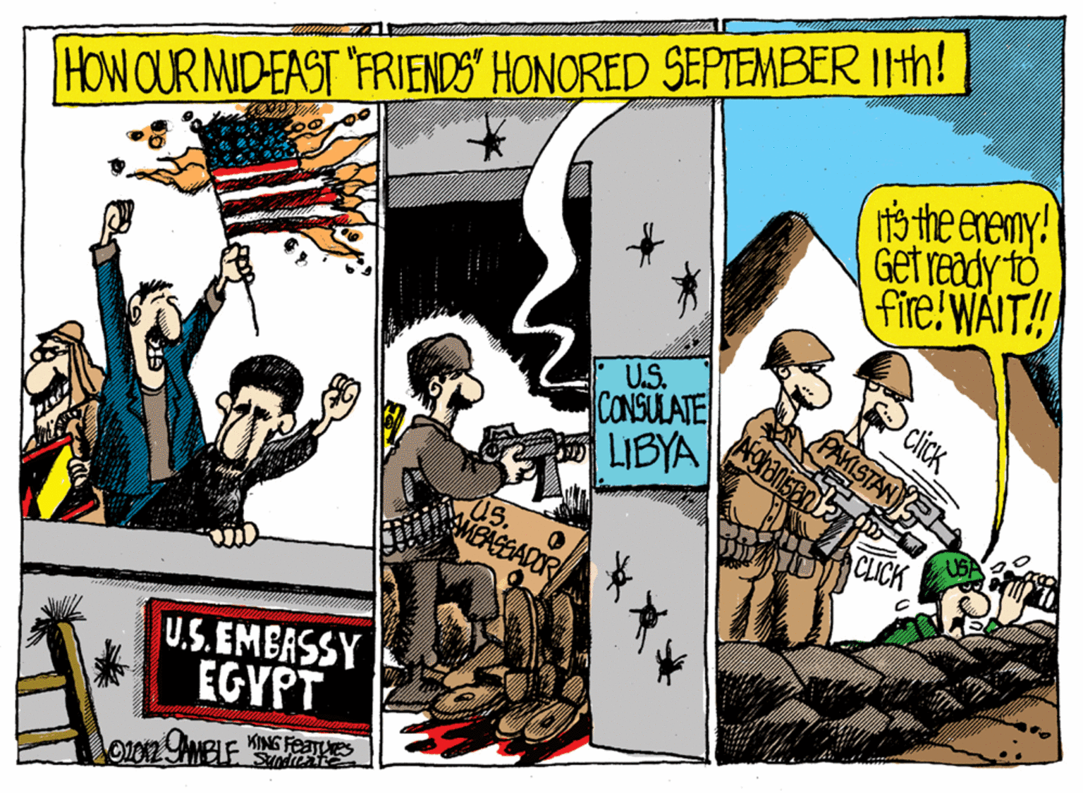 Graphic design OCR: HOW OUR MIDEAST FRIENDS" HONORED SEPIEMBER 1th! to the eremy! Get ready to fire! WAIT!! US. CONSULATE LIBYA click PAKISTAN CUCK US. MEASEADOR U.S. EMBASSY EGYPT KING FEETUES HOW OUR MIDEAST FRIENDS" HONORED SEPIEMBER 1th! to the eremy! Get ready to fire! WAIT!! US. CONSULATE LIBYA click PAKISTAN CUCK US. MEASEADOR U.S. EMBASSY EGYPT KING FEETUES