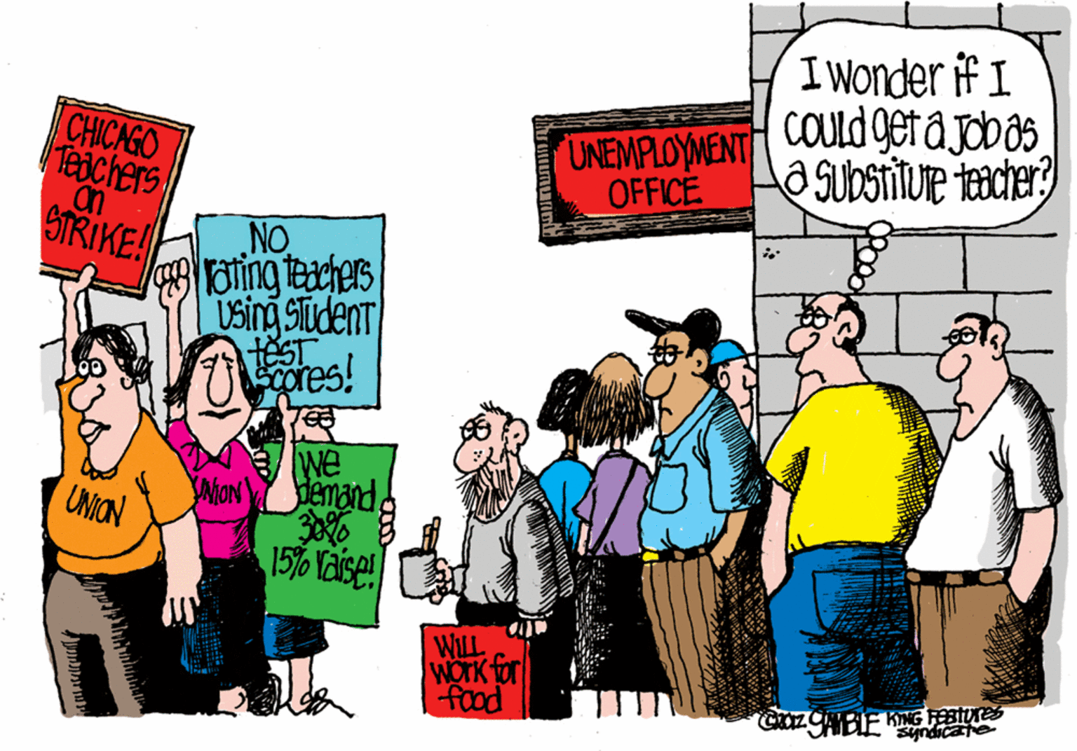 Humour OCR: I Wonder if I COULD get a jobos SUbSTiTUre teacher? CHICAGO Teachers on STRIKE! UNEMPLOYMENT OFFICE NO oring teachers Using Student EST Ores! Manenand. UNION MON 1576 Vaise! WILL WOTK for food Sndicate I Wonder if I COULD get a jobos SUbSTiTUre teacher? CHICAGO Teachers on STRIKE! UNEMPLOYMENT OFFICE NO oring teachers Using Student EST Ores! Manenand. UNION MON 1576 Vaise! WILL WOTK for food Sndicate