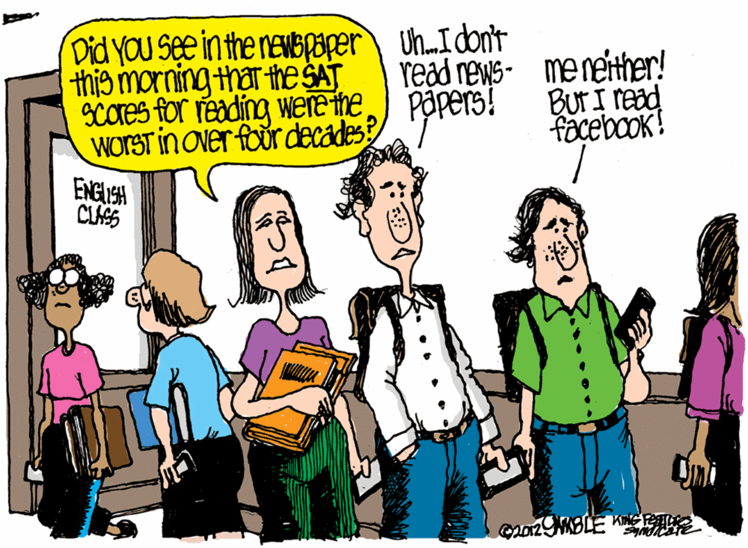 Gesture OCR: Did You see in the newBRaper this morning that the SAT 9Cores for reading were ihe WorST in over foor decades? Uh.Idon't read rews- meneither! BUTI read Papers! facebook! CLASS Did You see in the newBRaper this morning that the SAT 9Cores for reading were ihe WorST in over foor decades? Uh.Idon't read rews- meneither! BUTI read Papers! facebook! CLASS