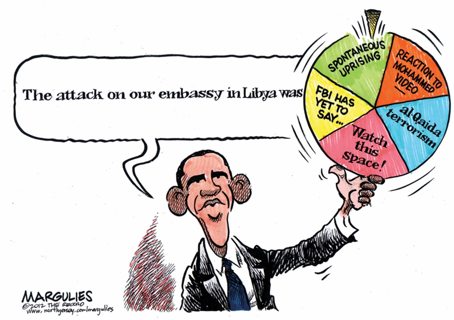 Illustration OCR: SPONTANEOUS UPRISING REACTION TO MOHAMMED VIDEO FBI HAS YET TO SAY./Watch al Qaida terrorism this Space! The attack on our embassy in Libya was with Oj012 THE RECORO www.northyesay.com/margulies MARGULIES SPONTANEOUS UPRISING REACTION TO MOHAMMED VIDEO FBI HAS YET TO SAY./Watch al Qaida terrorism this Space! The attack on our embassy in Libya was with Oj012 THE RECORO www.northyesay.com/margulies MARGULIES