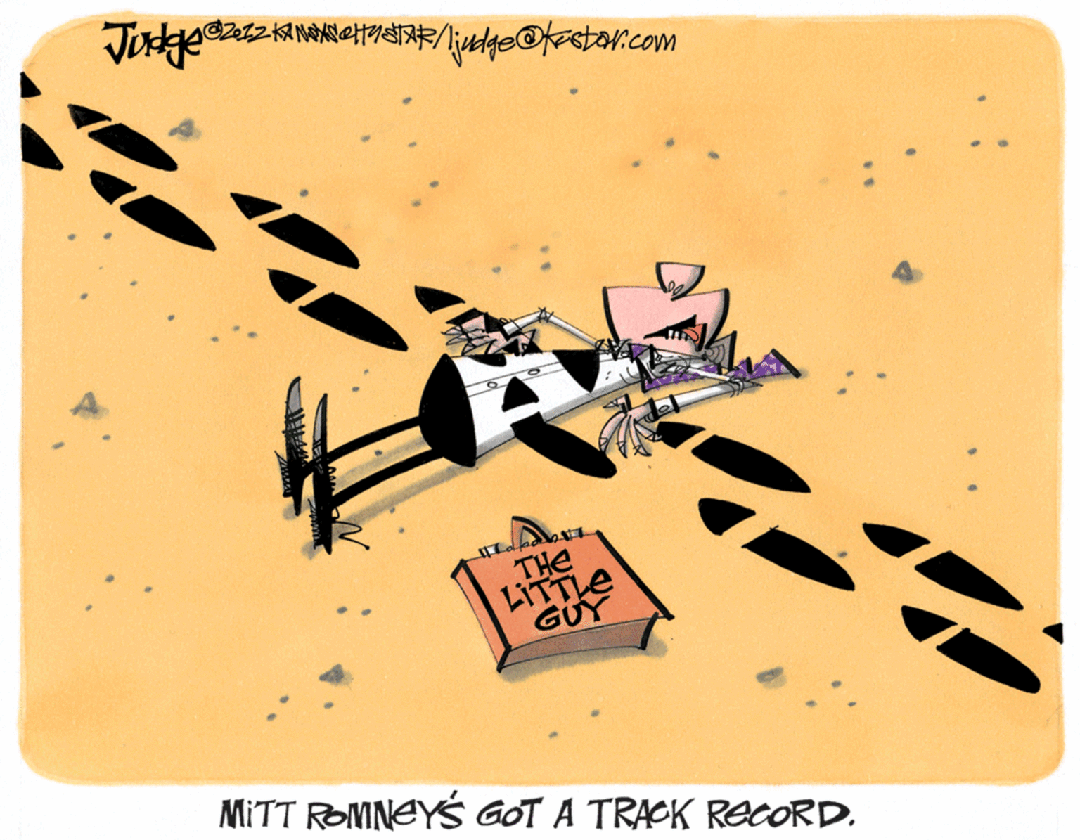 Drawing OCR: THE LITTLE GUY MITT ROMNEYS GOT A TRACK RECORD. THE LITTLE GUY MITT ROMNEYS GOT A TRACK RECORD.