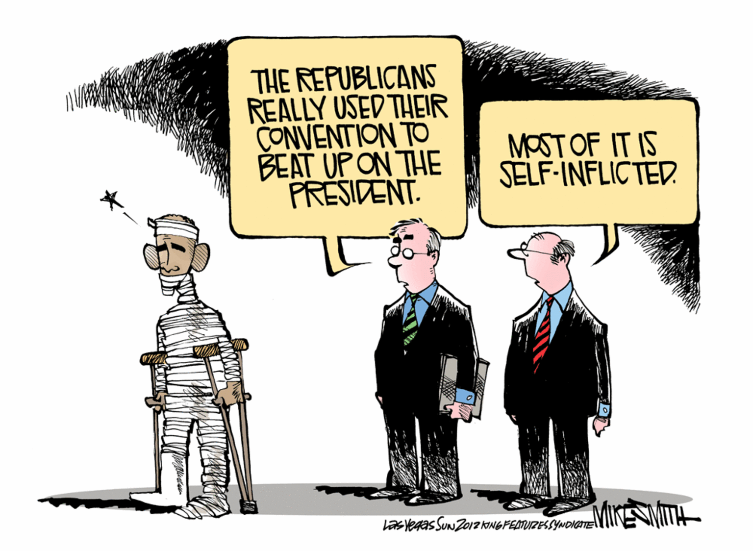 Fictional character OCR: THE REPUBLICANS REALLY USED THEIR CONVENTION TO BEAT UP ON THE PRESIDENT. MOST OF IT IS SELF-INFLICTED. Lasvegas SuN Zo12 KINGFELTUIZESSYNDIGITE THE REPUBLICANS REALLY USED THEIR CONVENTION TO BEAT UP ON THE PRESIDENT. MOST OF IT IS SELF-INFLICTED. Lasvegas SuN Zo12 KINGFELTUIZESSYNDIGITE