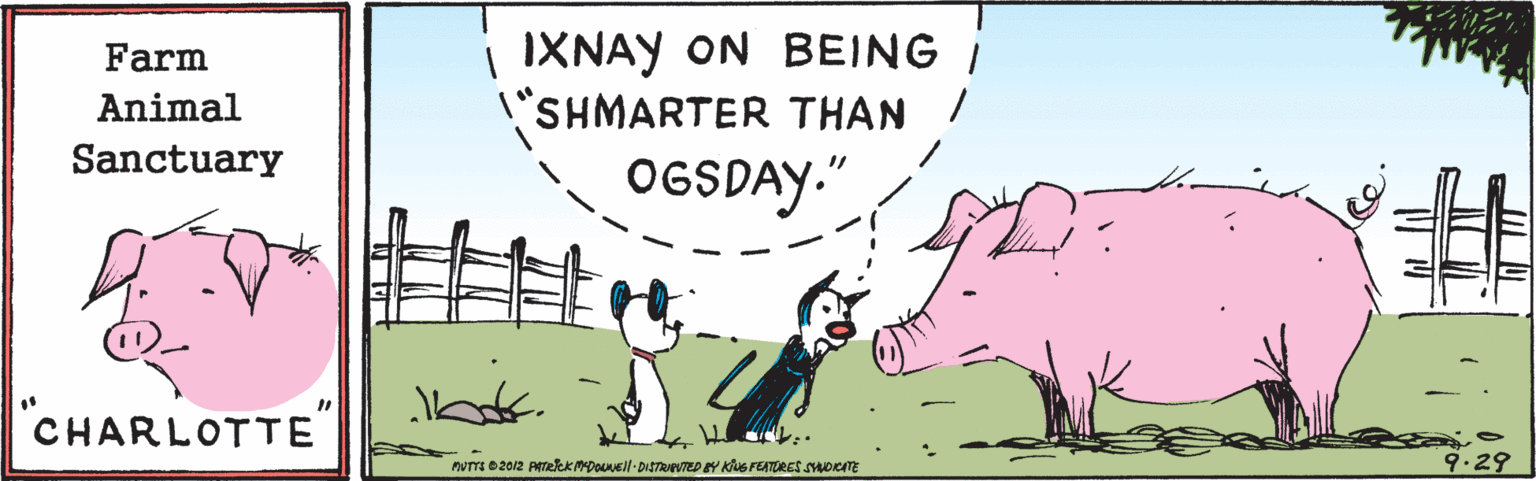 Art OCR: IXNAY ON BEING "SHMARTER THAN / OGSDAY." Farm Animal Sanctuary CHARLOTTE" UTTE e2012 ATEK pOuVEll-DISTRAVTED EY KNG FEATORES suocm 9.29 IXNAY ON BEING "SHMARTER THAN / OGSDAY." Farm Animal Sanctuary CHARLOTTE" UTTE e2012 ATEK pOuVEll-DISTRAVTED EY KNG FEATORES suocm 9.29