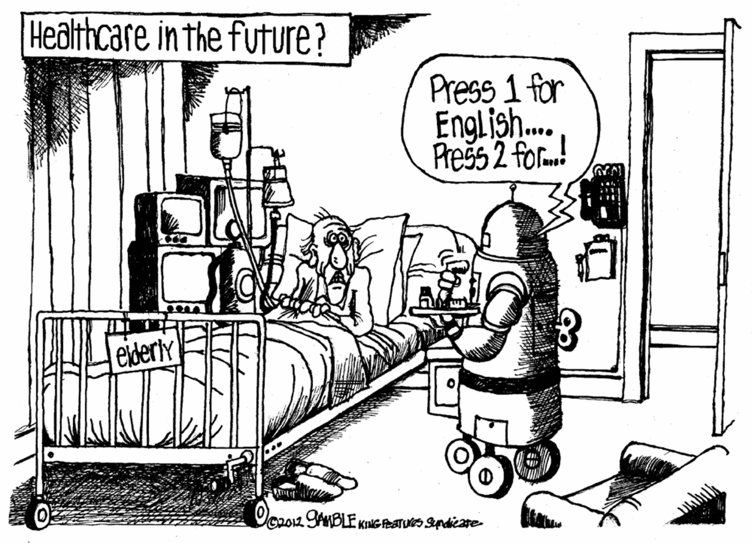 Line art OCR: Healthcare in the future? Press 1 for English. Prešs 2 for.! elderty oR012 SAMBLE KNG PSTUGS Syndicare Healthcare in the future? Press 1 for English. Prešs 2 for.! elderty oR012 SAMBLE KNG PSTUGS Syndicare
