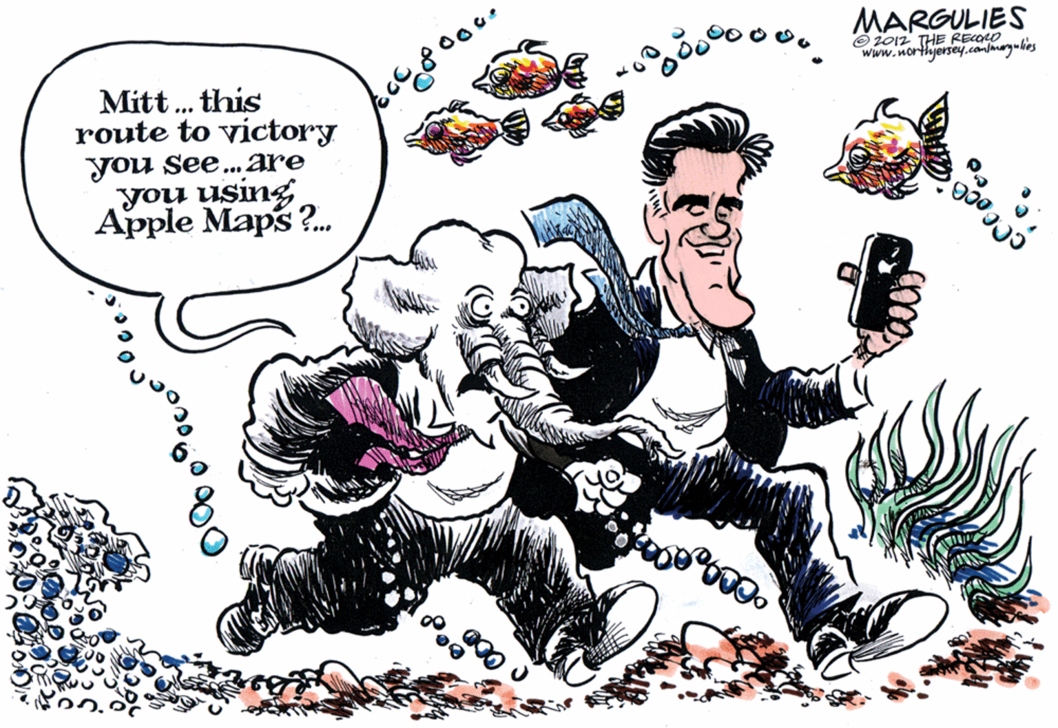 Animated cartoon OCR: MARGULIES O 2012 THE RECOLO www.northjersey.conmergulies Mitt. this route to victory you see...are you using Apple Maps ?. MARGULIES O 2012 THE RECOLO www.northjersey.conmergulies Mitt. this route to victory you see...are you using Apple Maps ?.