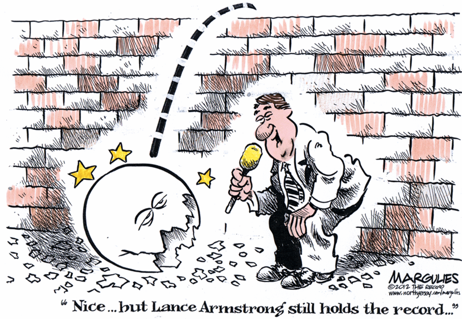 Painting OCR: * MARGULIES Ozaz THE RECORO www.northyersey.corlmergles Nice.but Lance Armstrong still holds the record.." * MARGULIES Ozaz THE RECORO www.northyersey.corlmergles Nice.but Lance Armstrong still holds the record.."