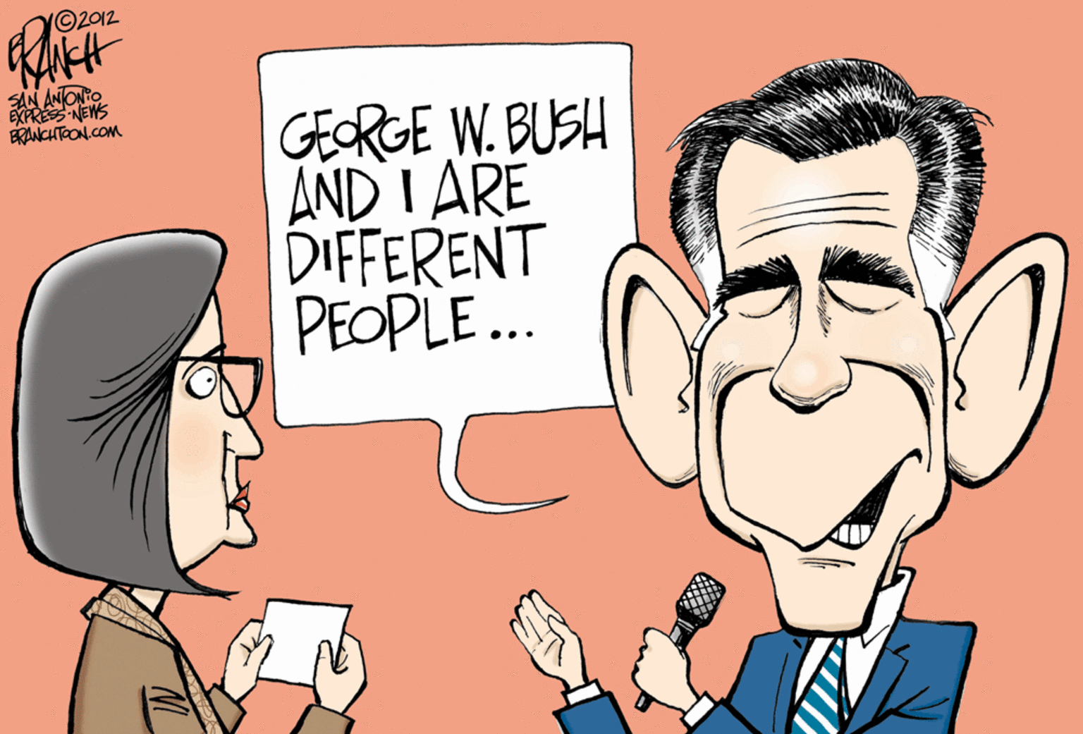 Fictional character OCR: (©2012 SAN ANTONTO EXPRES NEWS ERANCHTOON.COM GEORGE W. BUSH AND I ARE DIFFERENT PEOPLE.. (©2012 SAN ANTONTO EXPRES NEWS ERANCHTOON.COM GEORGE W. BUSH AND I ARE DIFFERENT PEOPLE..